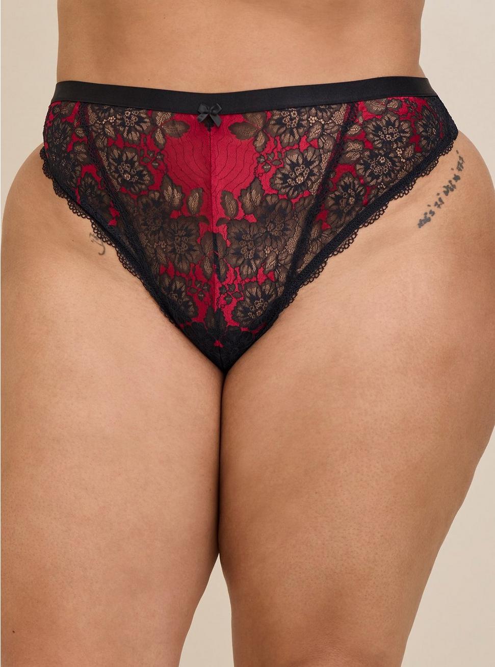 Two Tone Lace Mid-Rise Thong Panty, JESTER RED, alternate