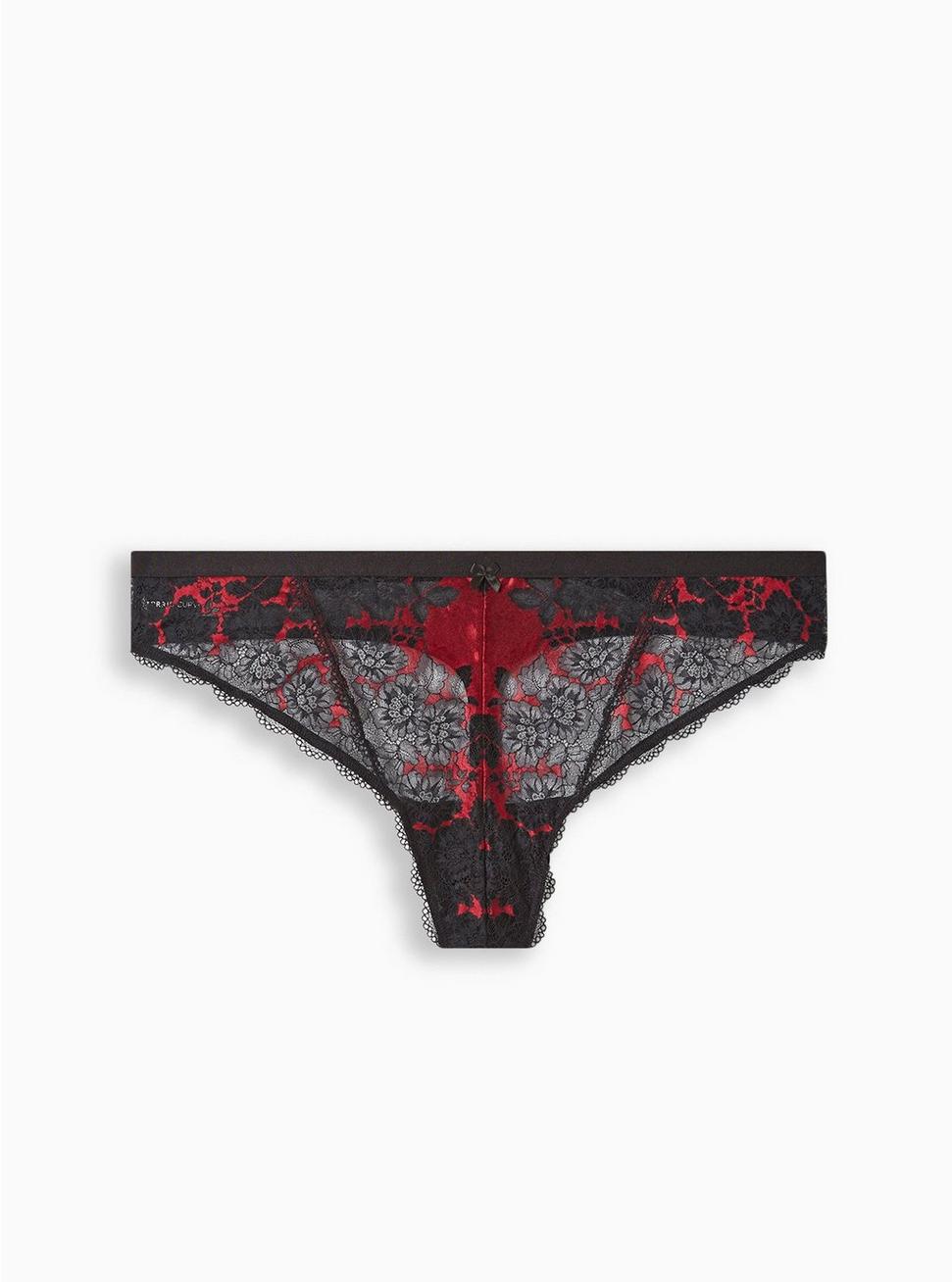 Two Tone Lace Mid-Rise Thong Panty, JESTER RED, hi-res