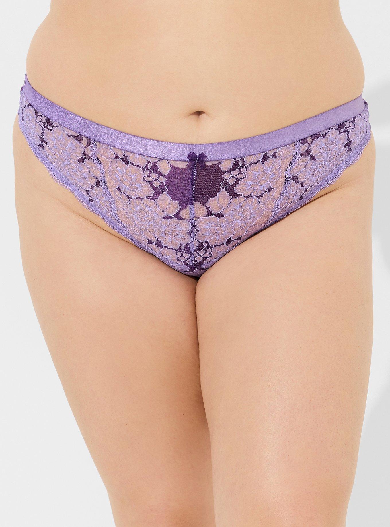 Plus Size Two Tone Lace Mid-Rise Thong Panty, DAHLIA PURPLE AND VIOLET INDIGO, alternate