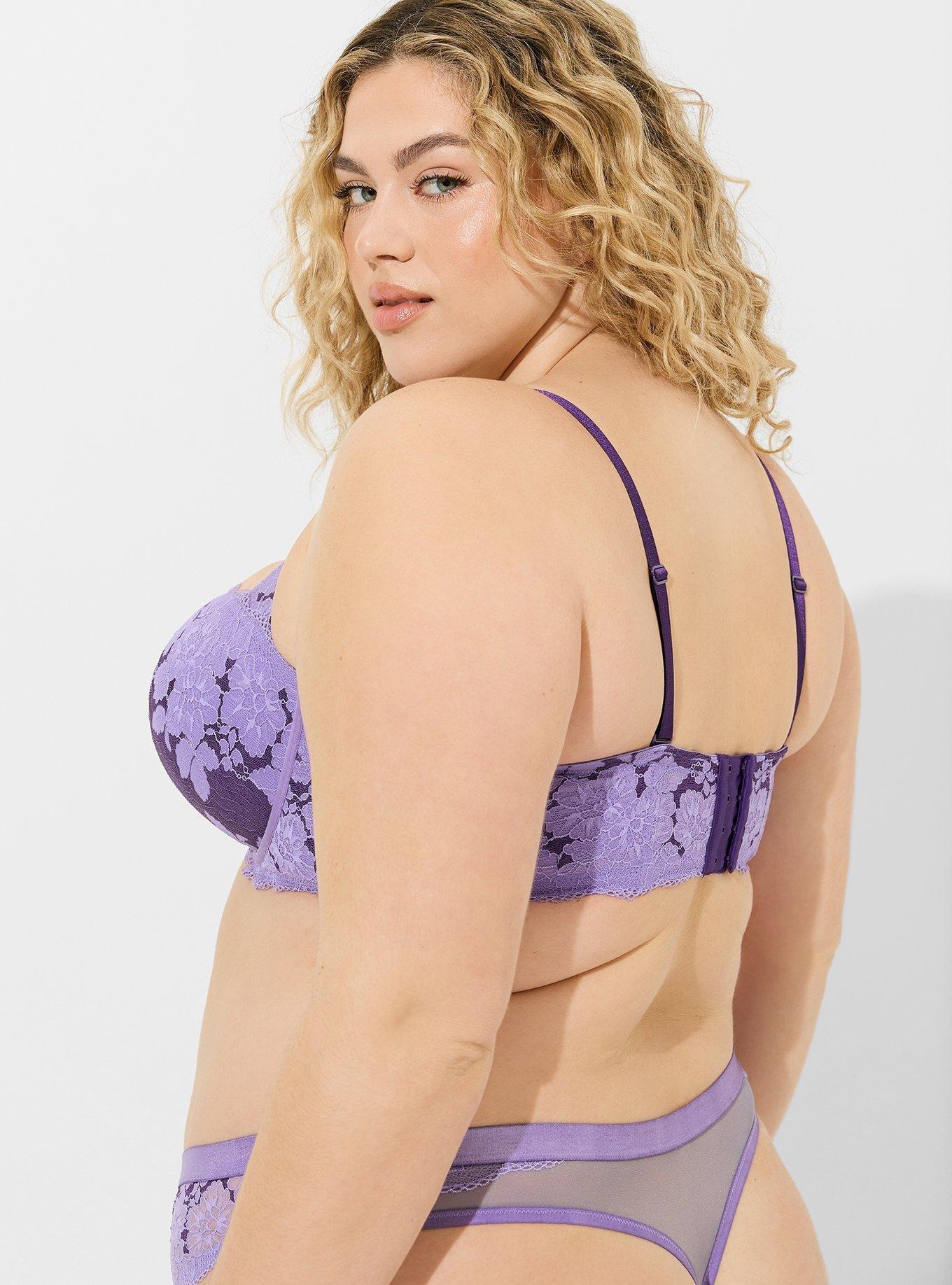 Plus Size Two Tone Lace Mid-Rise Thong Panty, DAHLIA PURPLE AND VIOLET INDIGO, alternate