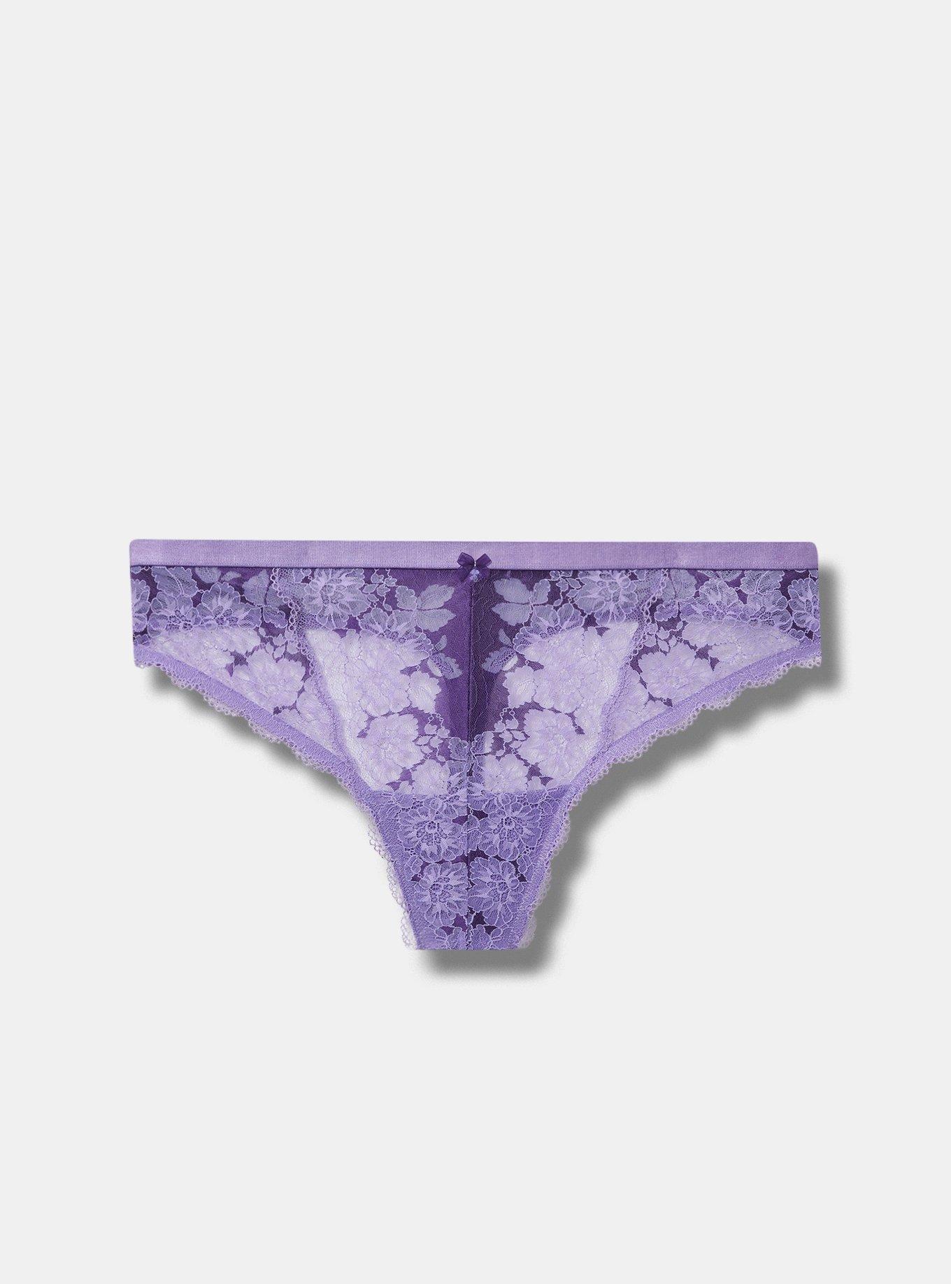 Plus Size Two Tone Lace Mid-Rise Thong Panty, DAHLIA PURPLE AND VIOLET INDIGO, hi-res