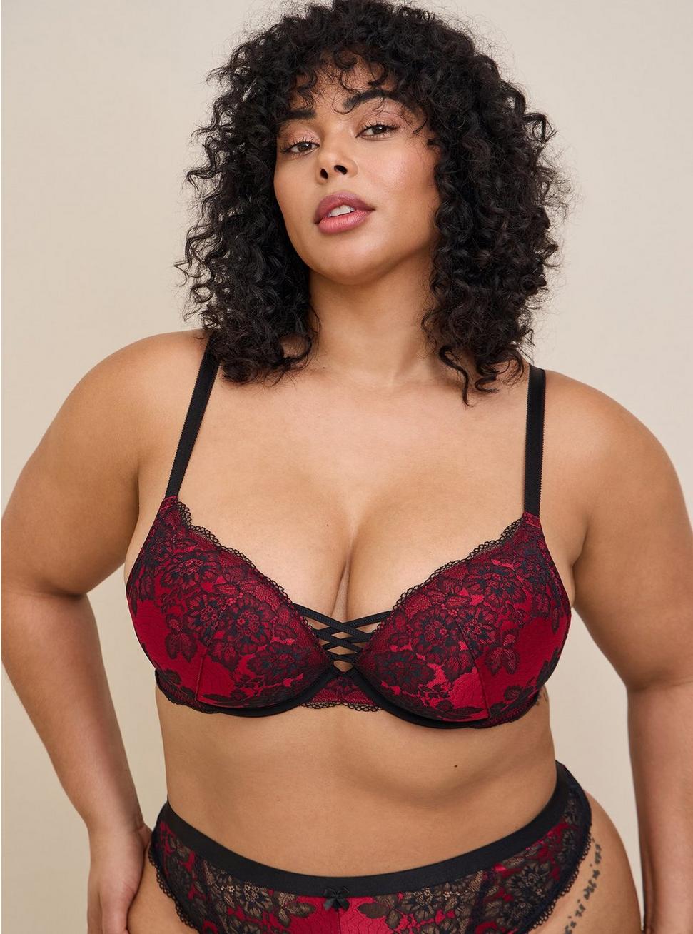 XO Plunge Push-Up Two Tone Lace Straight Back Bra, JESTER RED, hi-res