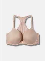 T-Shirt Lightly Lined Front Close Lace Racerback Bra, ROSE DUST, hi-res