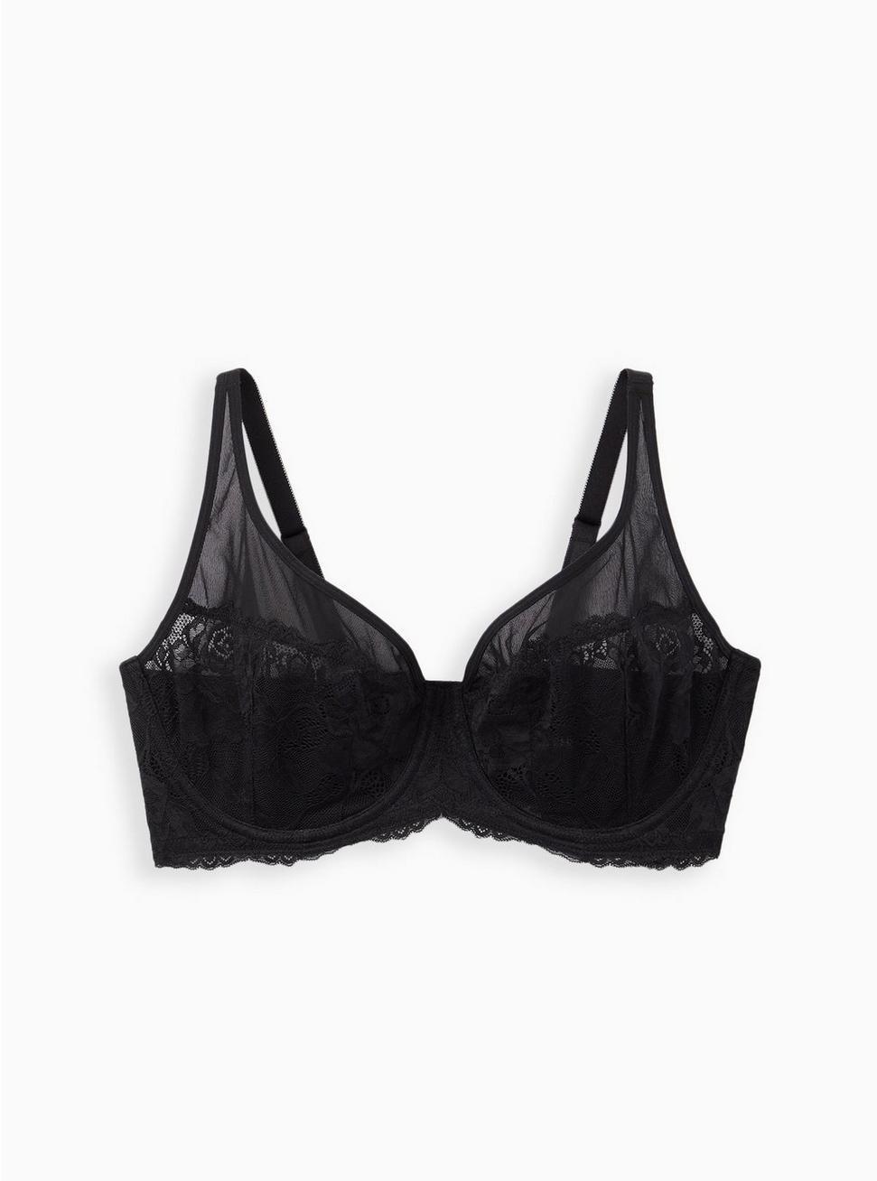 Balconette Unlined Lace And Mesh Straight Back Bra, RICH BLACK, hi-res