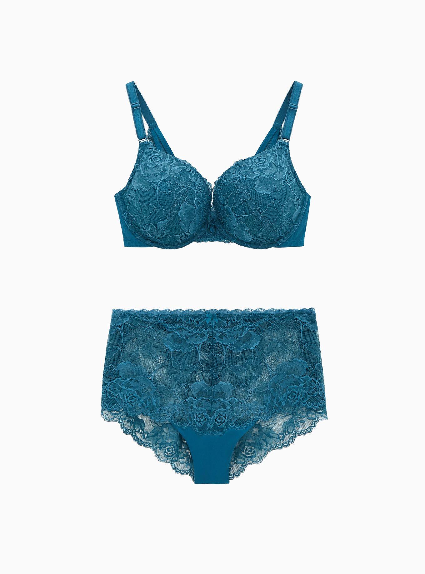 Set 34C / UK12] Hattie elongated floral lace balconette bra & thong/panty -  Deep Blue, Women's Fashion, New Undergarments & Loungewear on Carousell