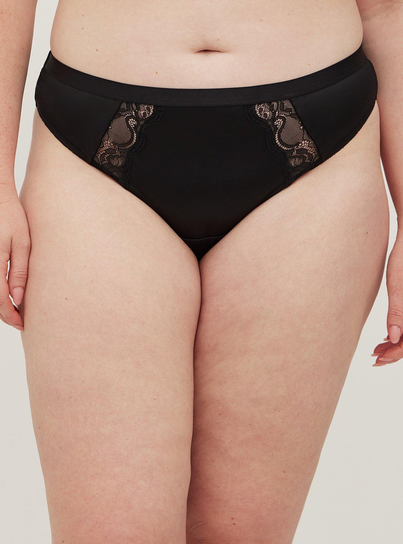 Plus Size Cut Out Thong Panty - Microfiber & Lace, RICH BLACK, alternate