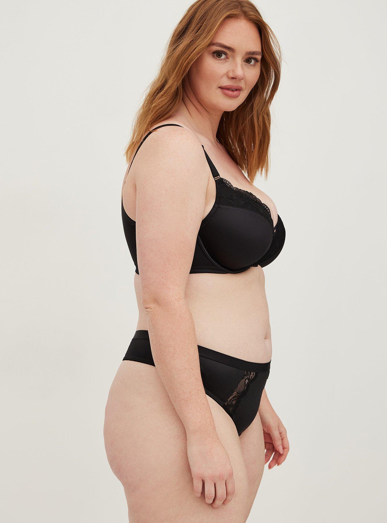 Plus Size Cut Out Thong Panty - Microfiber & Lace, RICH BLACK, alternate