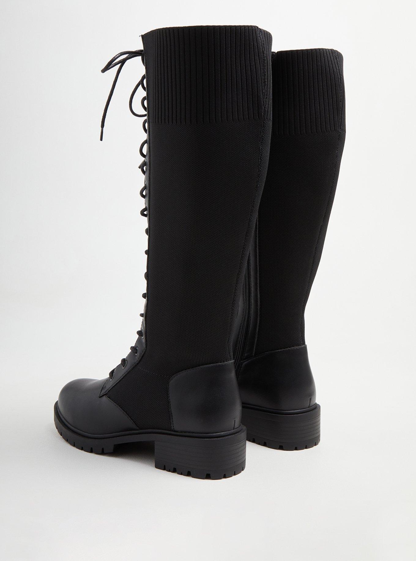 Plus Size Stretch Knit Combat Knee Boot Black Faux Leather (WW