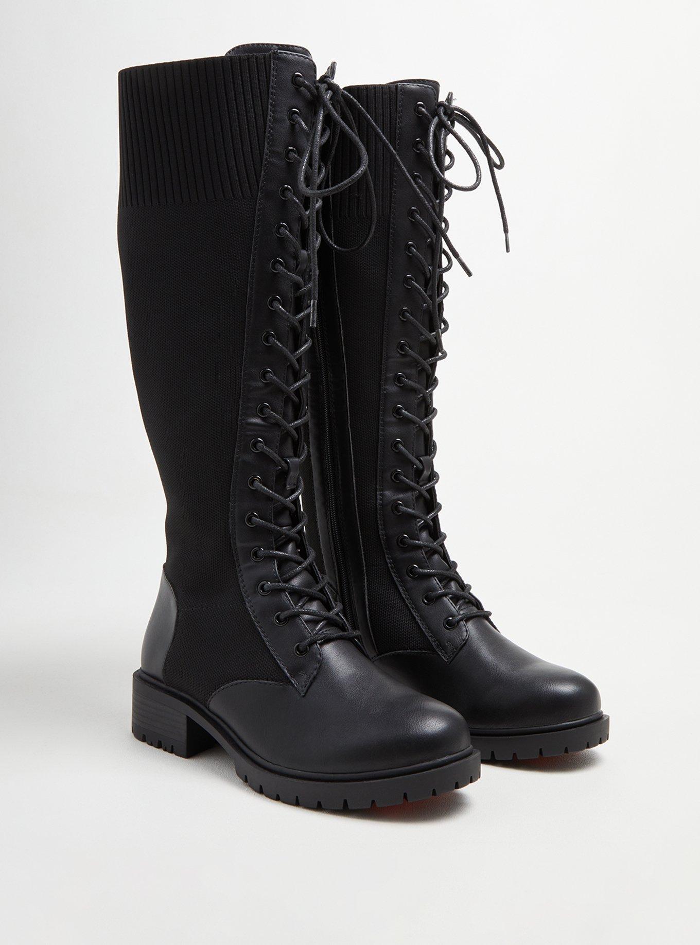 Stretch Knit Combat Knee Boot - Black Faux Leather (WW), , hi-res