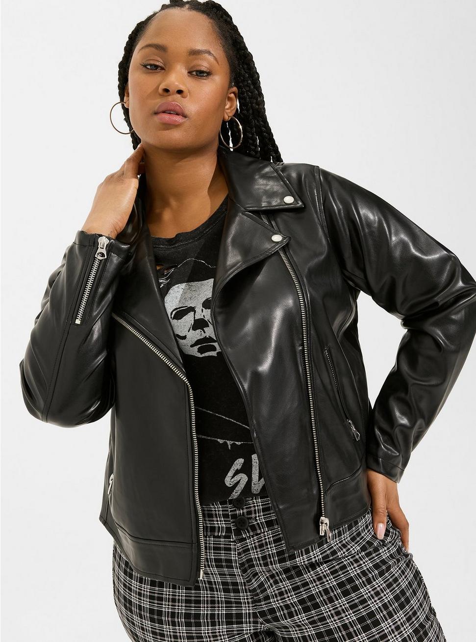 Plus Size Faux Leather Asymmetrical Moto Jacket, DEEP BLACK, hi-res