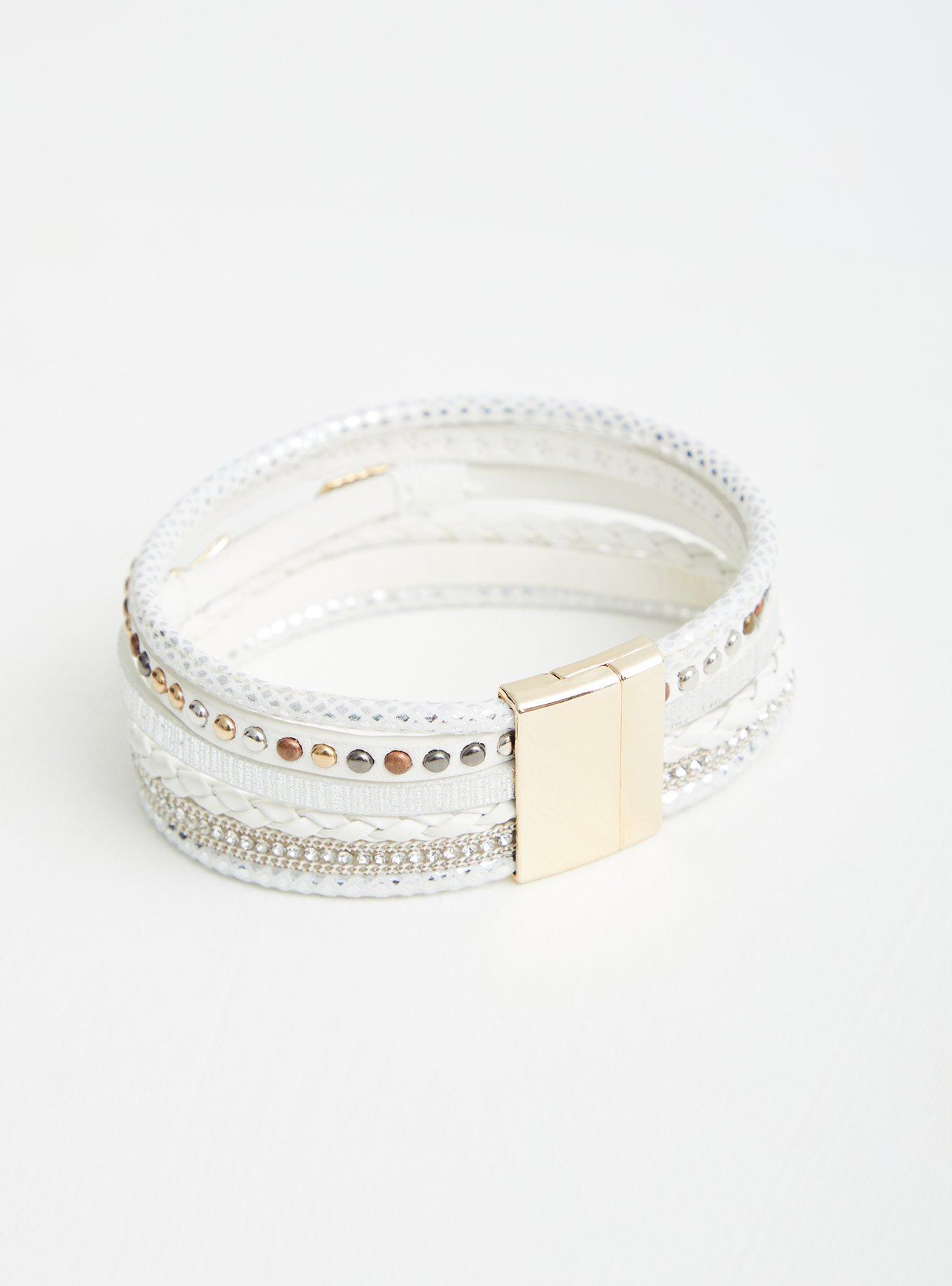 Plus Size Faux White Leather Magnetic Cuff With Arrow Detailing, MULTI, alternate