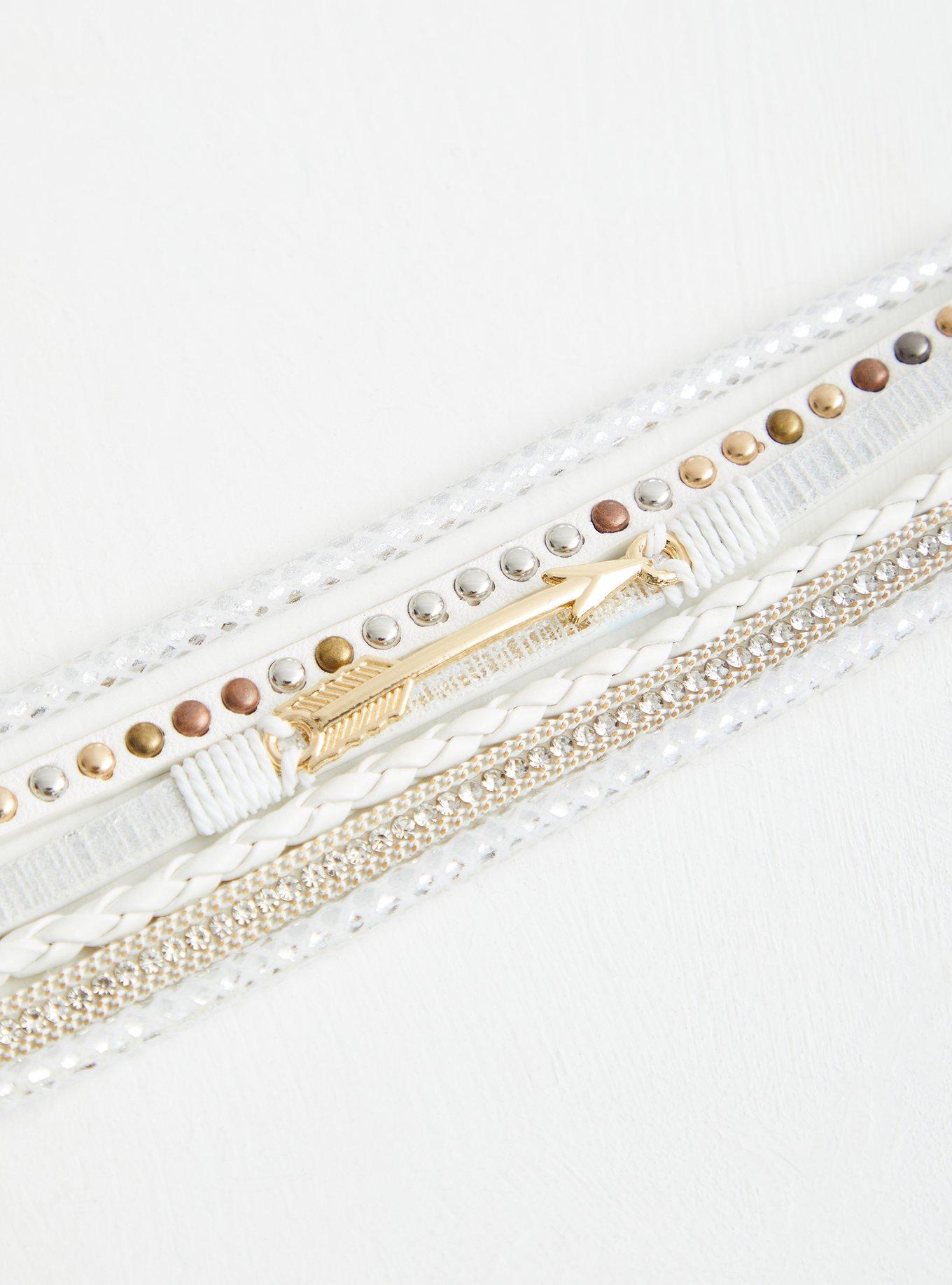 Plus Size Faux White Leather Magnetic Cuff With Arrow Detailing, MULTI, alternate