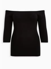 Pullover 3/4 Sleeve Off-Shoulder Sweater, BLACK, hi-res