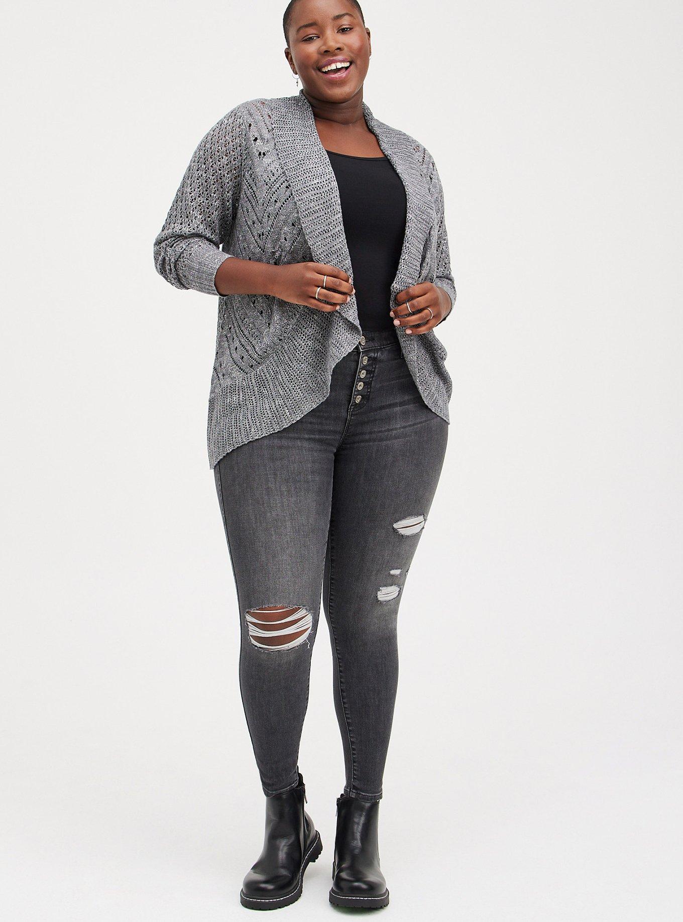 Plus Size Pointelle Cardigan Curved Hem Sweater, GREY, alternate