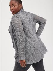 Plus Size Pointelle Cardigan Curved Hem Sweater, GREY, alternate