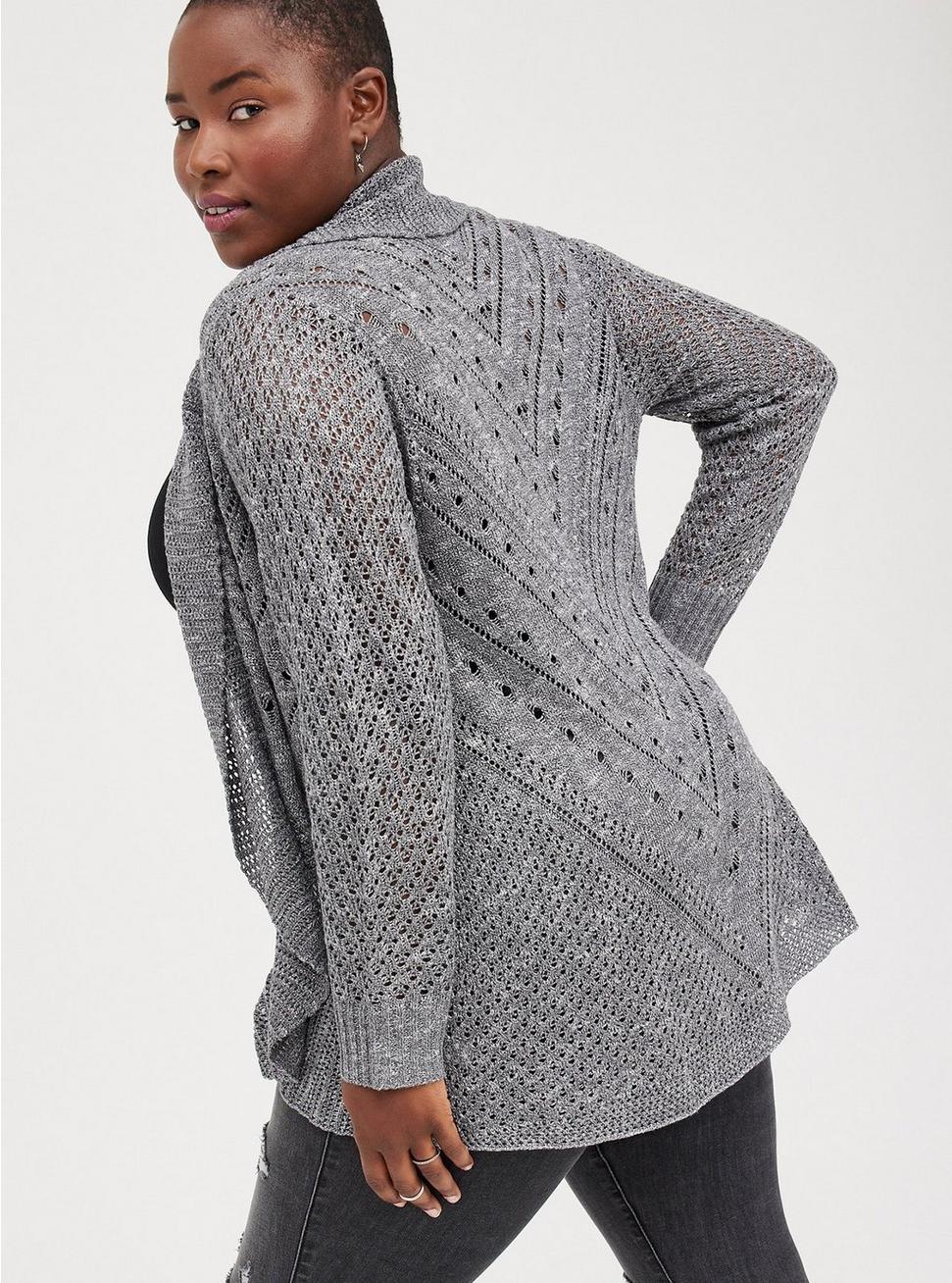 Plus Size Pointelle Cardigan Curved Hem Sweater, GREY, alternate