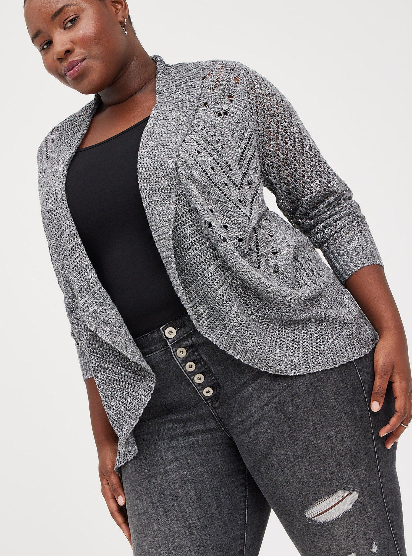 Pointelle Cardigan Curved Hem Sweater