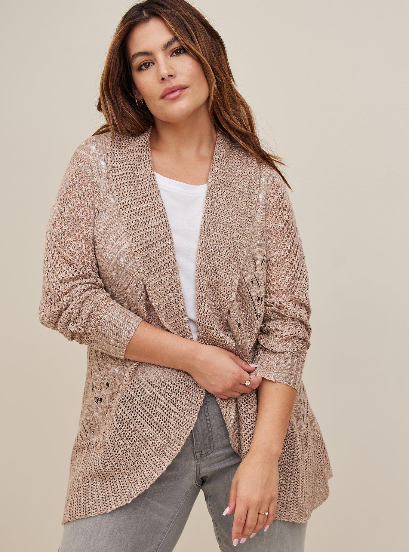 Plus Size - Pointelle Cardigan Curved Hem Sweater - Torrid