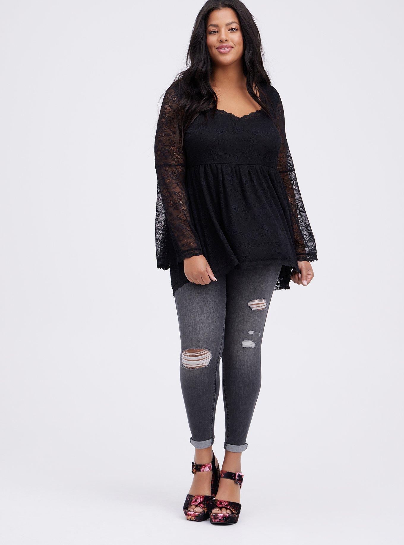 Bell-Sleeve Babydoll Top - Lace Black, DEEP BLACK, alternate