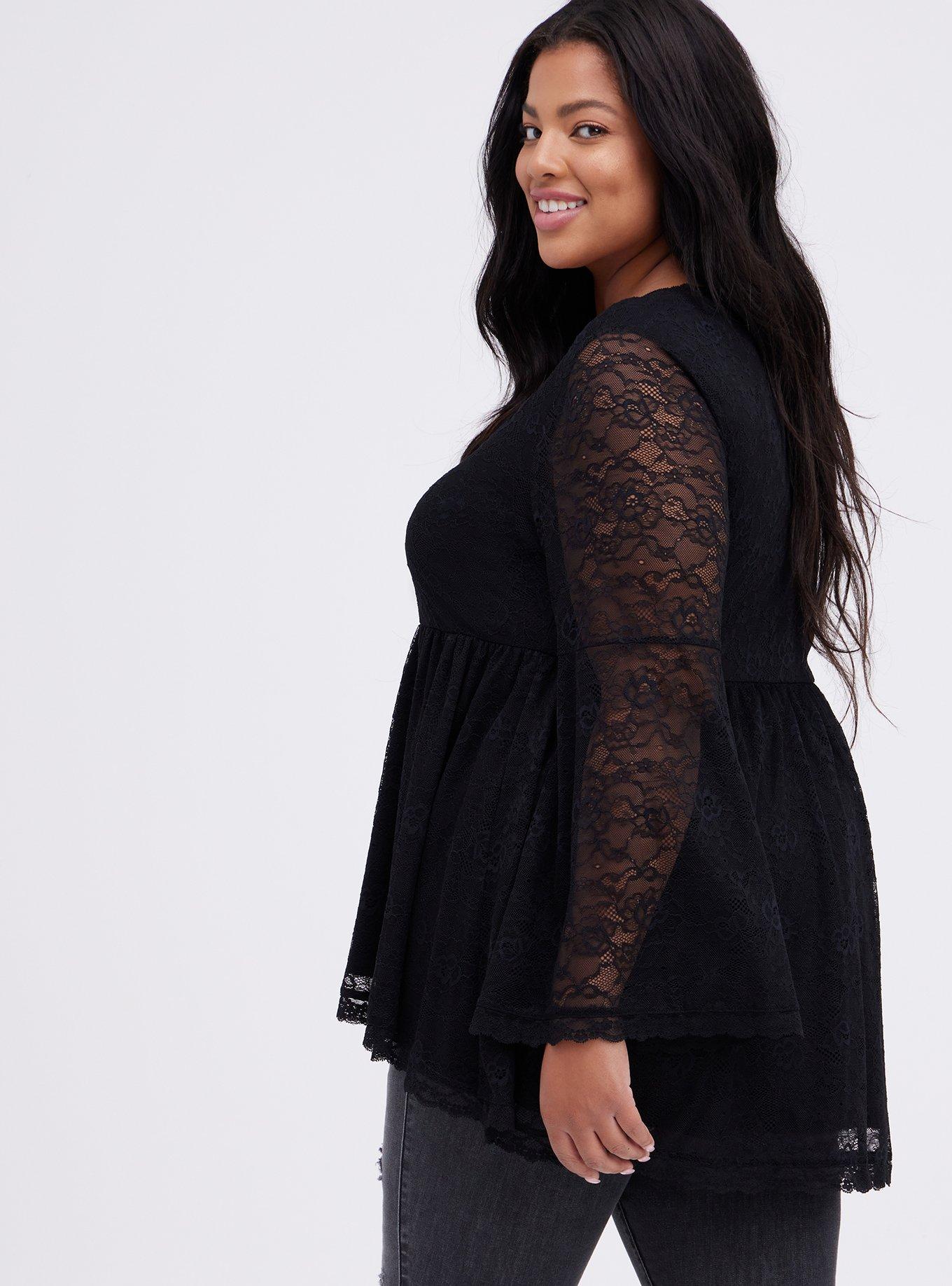 Bell-Sleeve Babydoll Top - Lace Black, DEEP BLACK, alternate