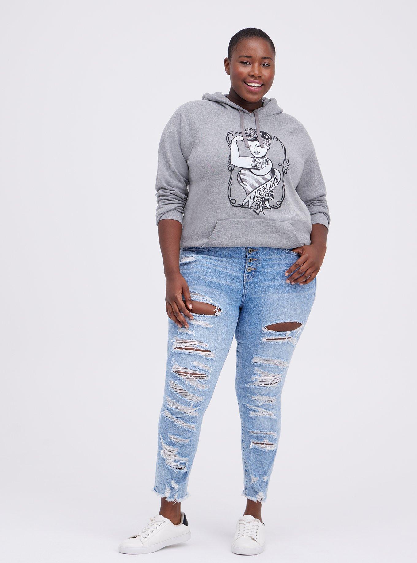 Plus Size Breast Cancer Awareness Hoodie - Cozy Fleece Tattoo Girl Grey, MEDIUM HEATHER GREY, alternate