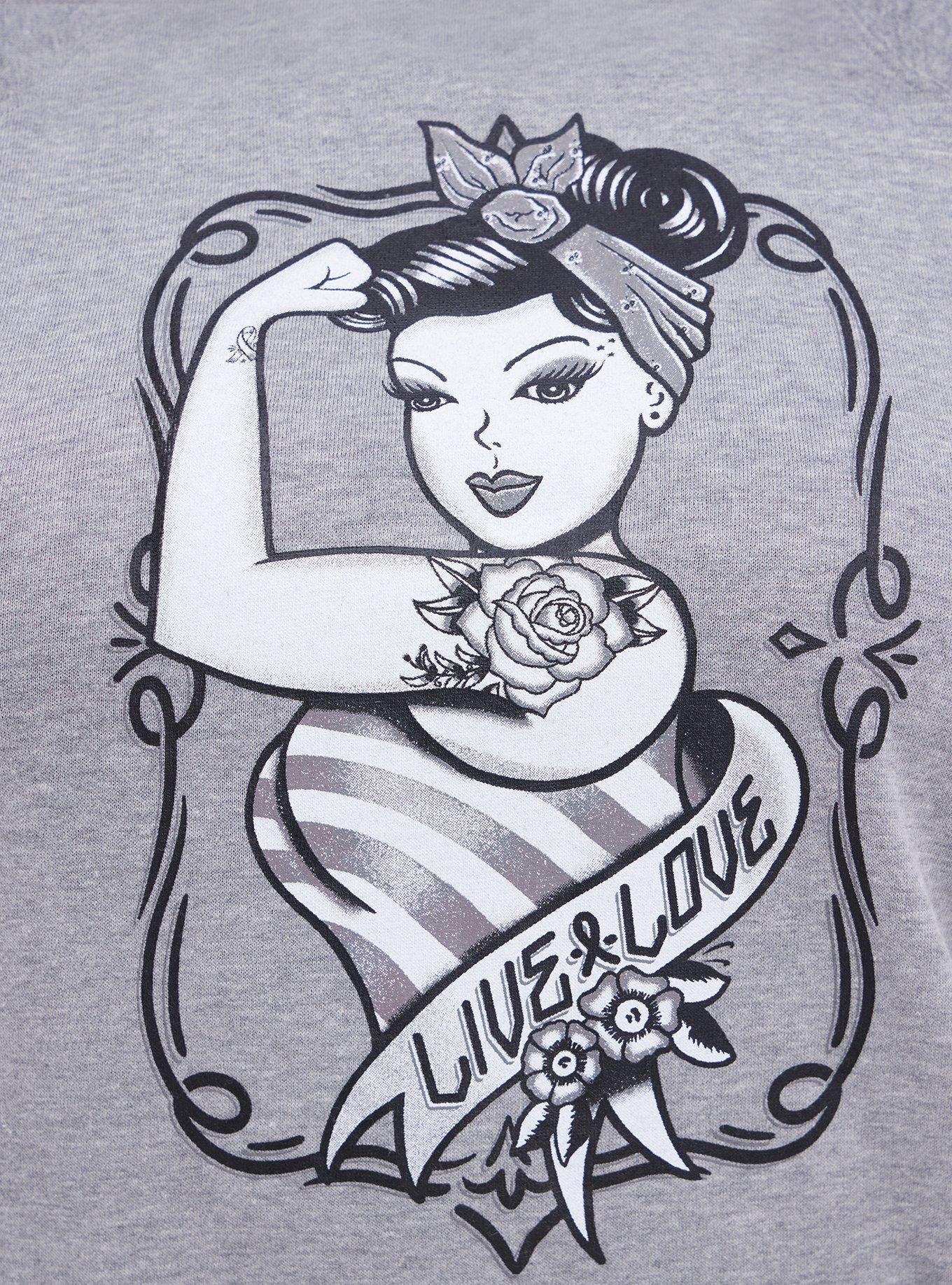 Plus Size Breast Cancer Awareness Hoodie - Cozy Fleece Tattoo Girl Grey, MEDIUM HEATHER GREY, alternate