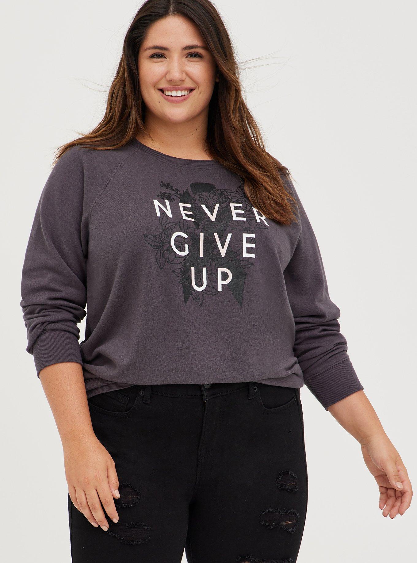 Plus Size Breast Cancer Awareness Sweatshirt Cozy Fleece Never Give Up Dark Grey Torrid