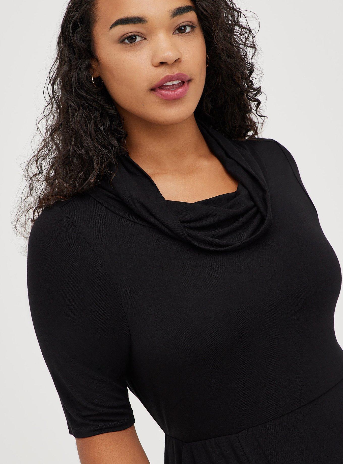Plus Size Cowl Neck Skater Dress - Super Soft Black, DEEP BLACK, alternate