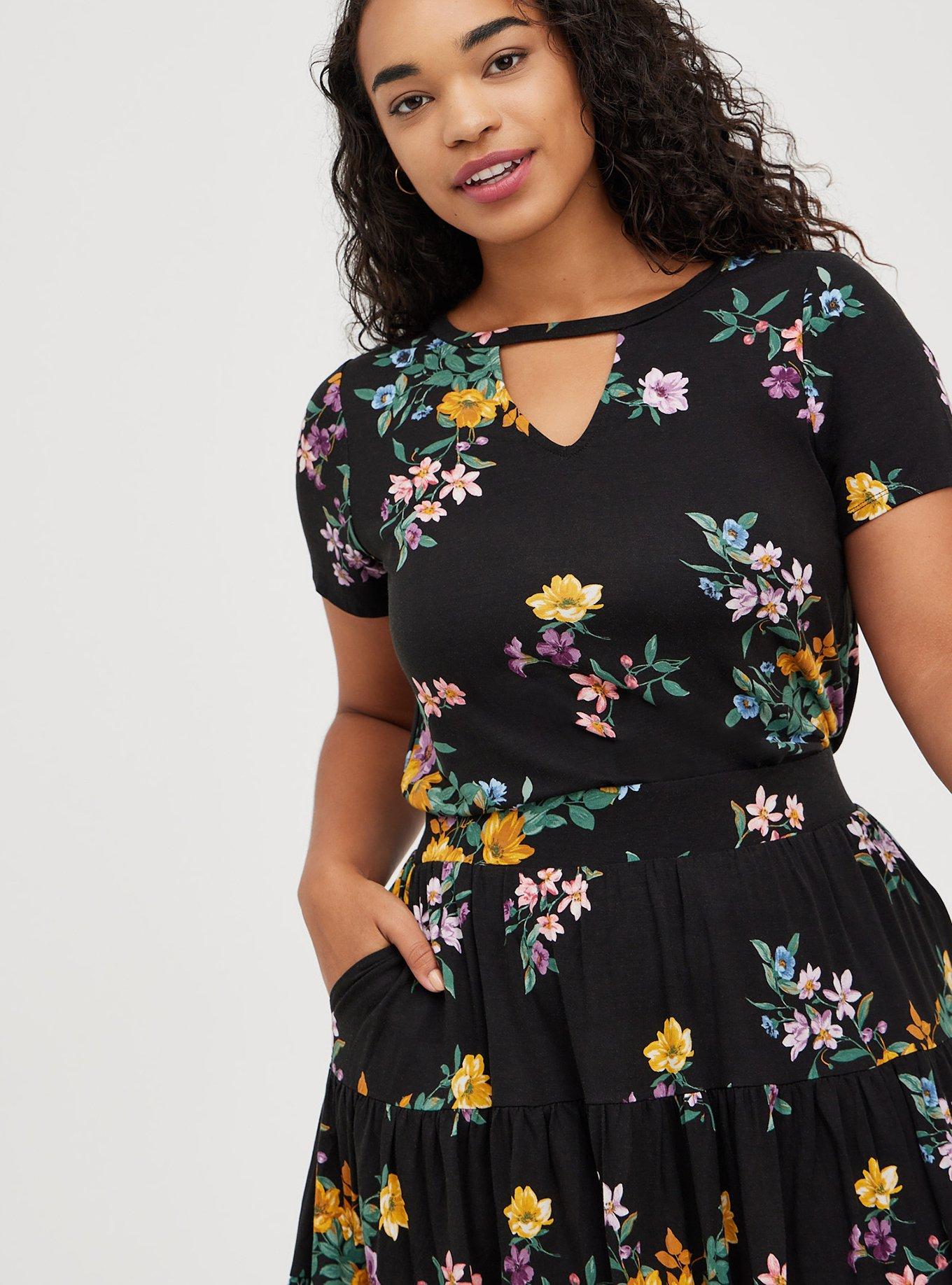 Plus Size Tiered Crop Top + Mini Skirt Set - Super Soft Floral Black, FLORAL BLACK, alternate