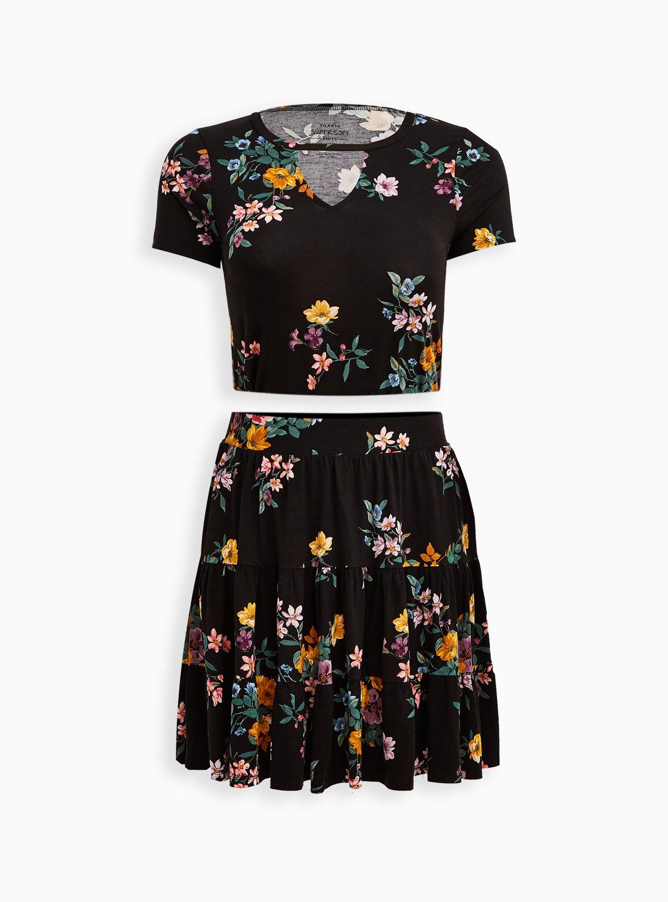 Plus Size Tiered Crop Top + Mini Skirt Set - Super Soft Floral Black, FLORAL BLACK, hi-res