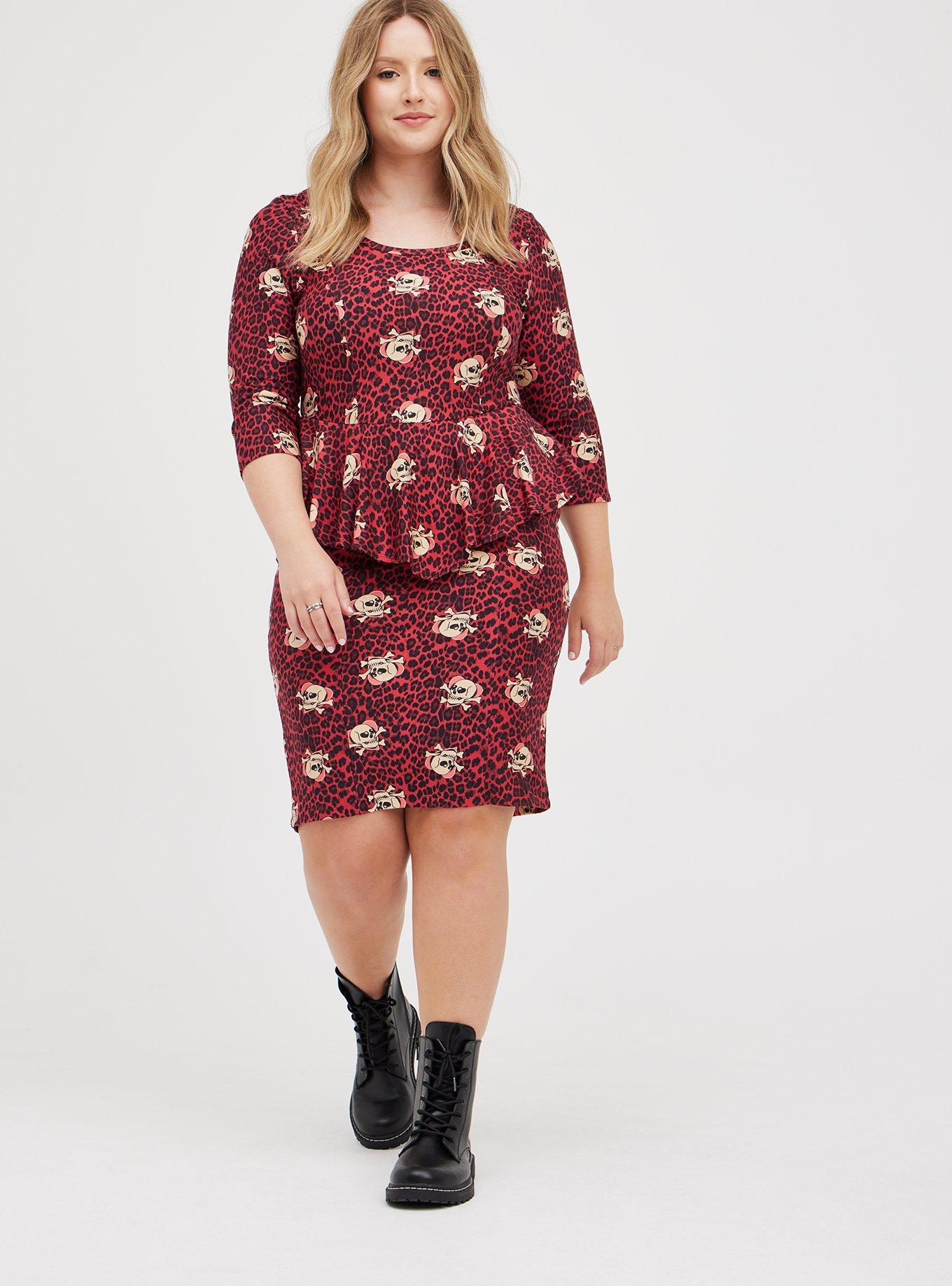 Plus Size - Peplum Dress - Ponte Skulls Leopard Red - Torrid