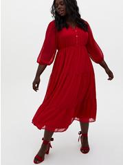 Maxi Chiffon Clip Dot Pleated Dress, RED, hi-res