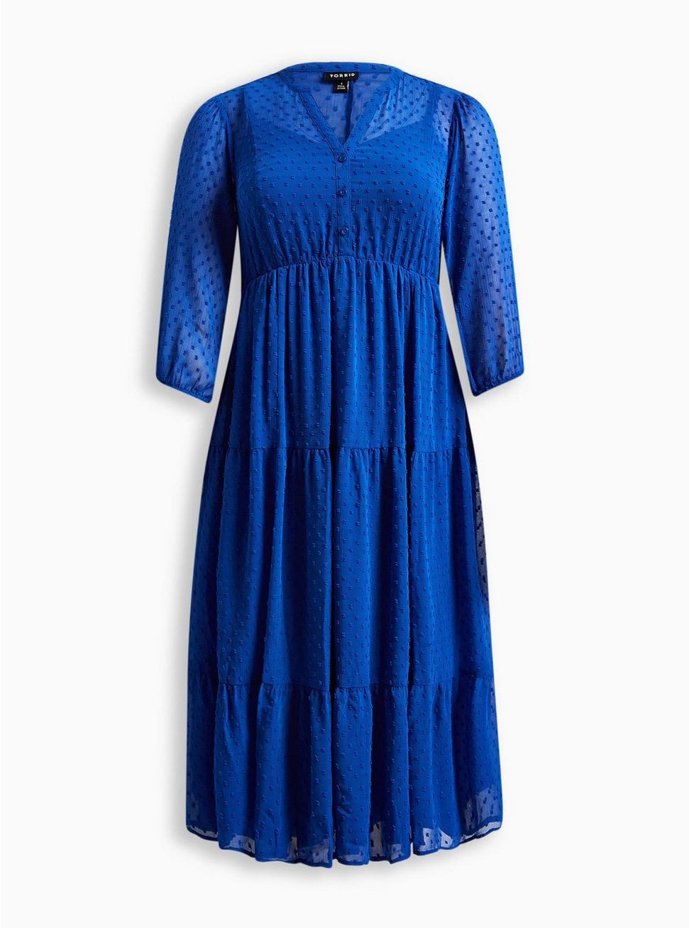 Plus Size Maxi Chiffon Clip Dot Pleated Dress, BLUE, hi-res