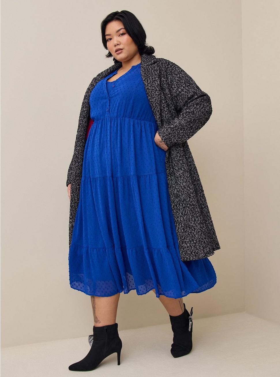 Plus Size Maxi Chiffon Clip Dot Pleated Dress, BLUE, hi-res