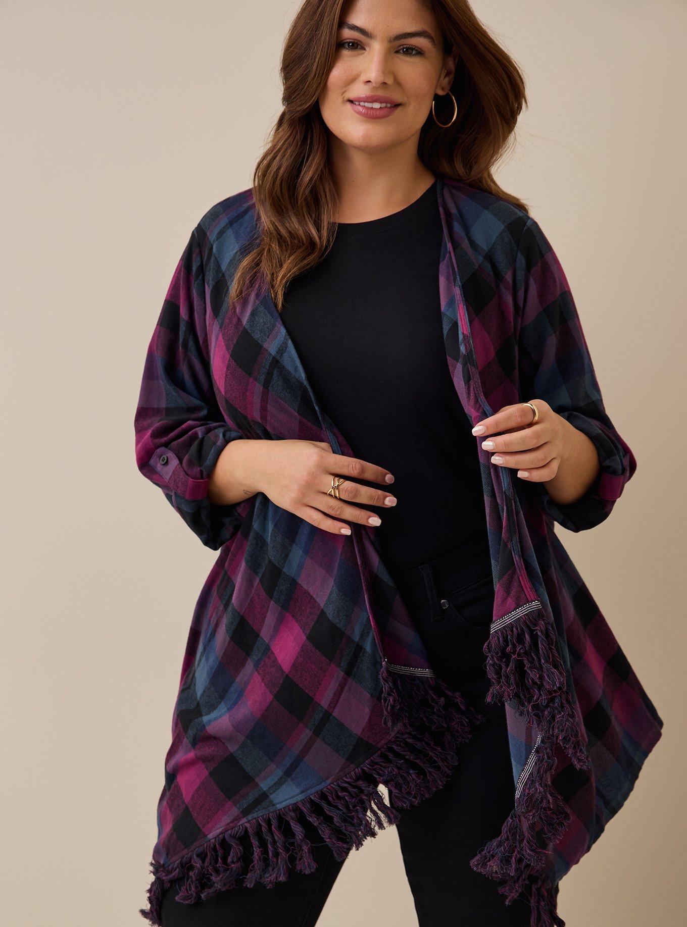Plus Size Flannel Drape Fringe Hem 3rd Piece, PLAID RED, alternate