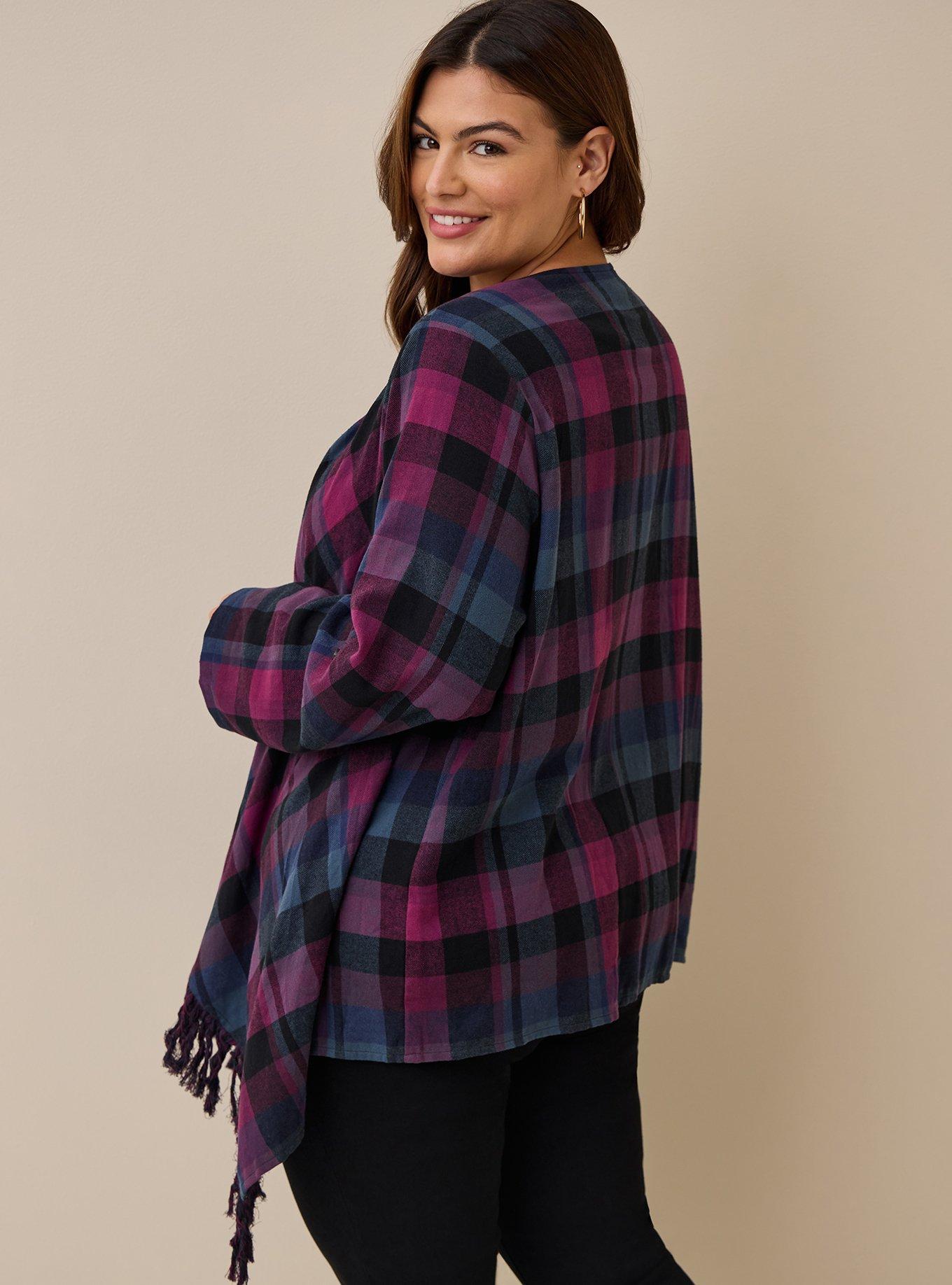 Plus Size Flannel Drape Fringe Hem 3rd Piece, PLAID RED, alternate