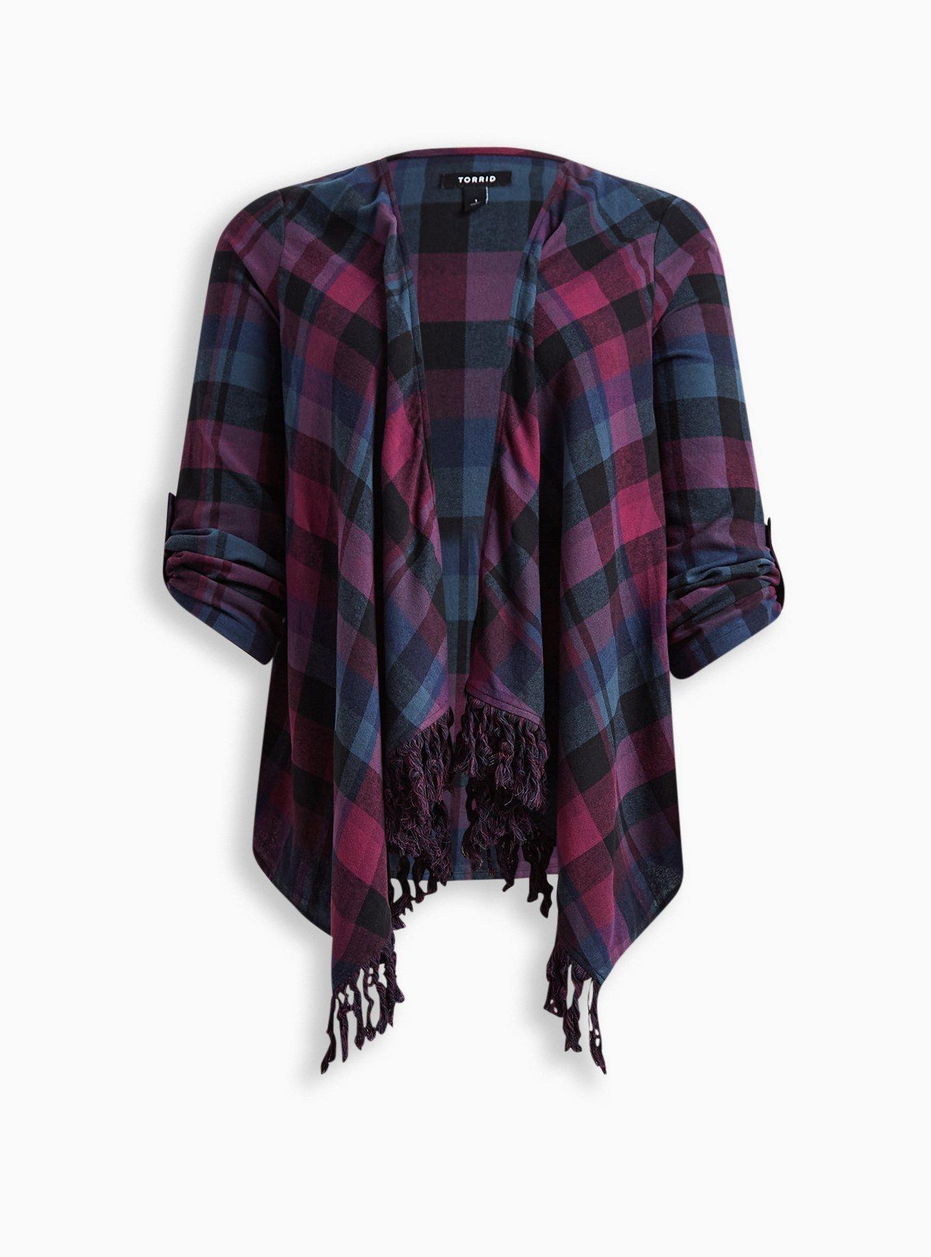 Plus Size Flannel Drape Fringe Hem 3rd Piece, PLAID RED, hi-res