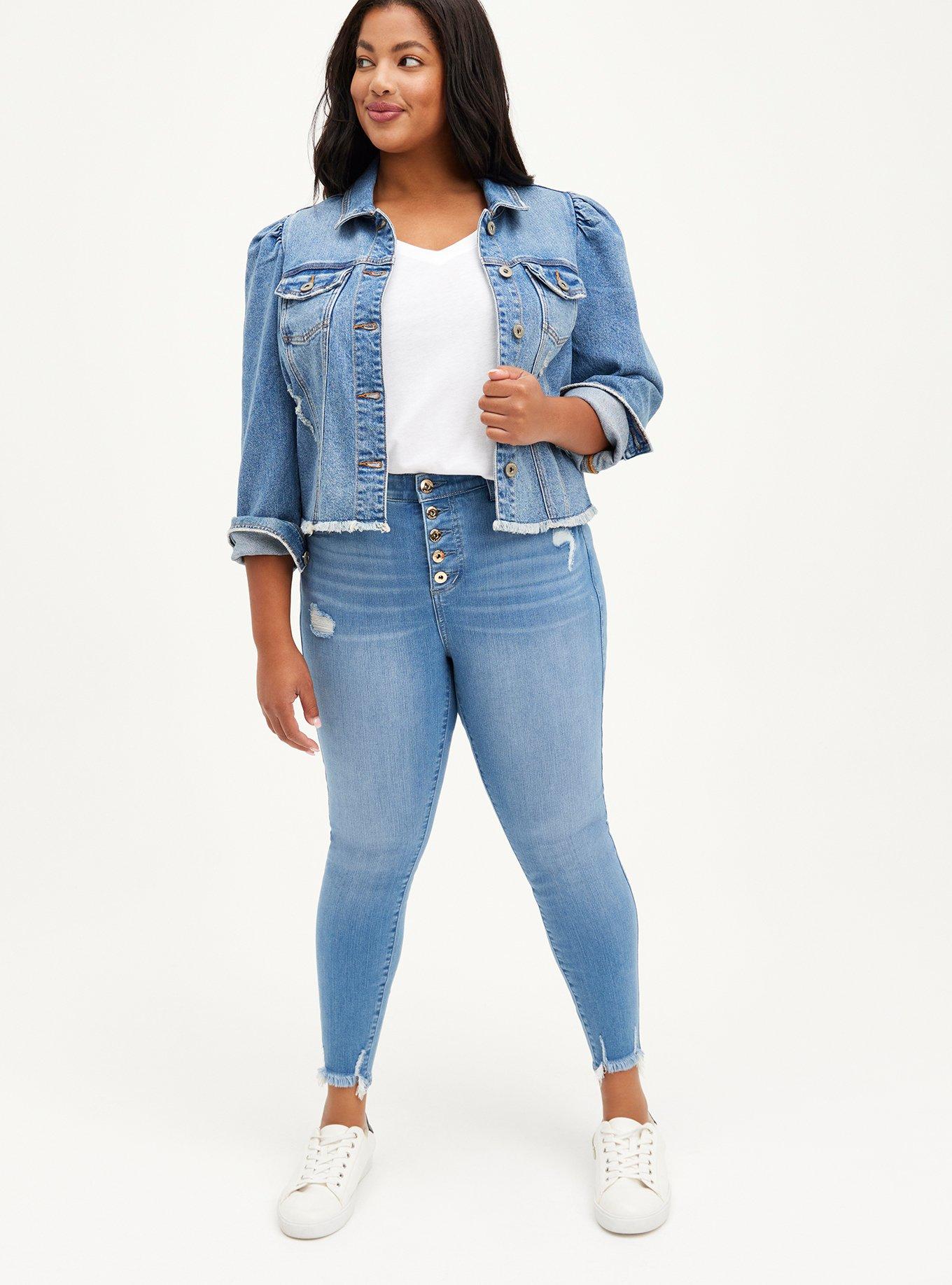 Plus Size Puff Sleeve Trucker Jacket - Stretch Denim Medium Wash, MEDIUM WASH, alternate