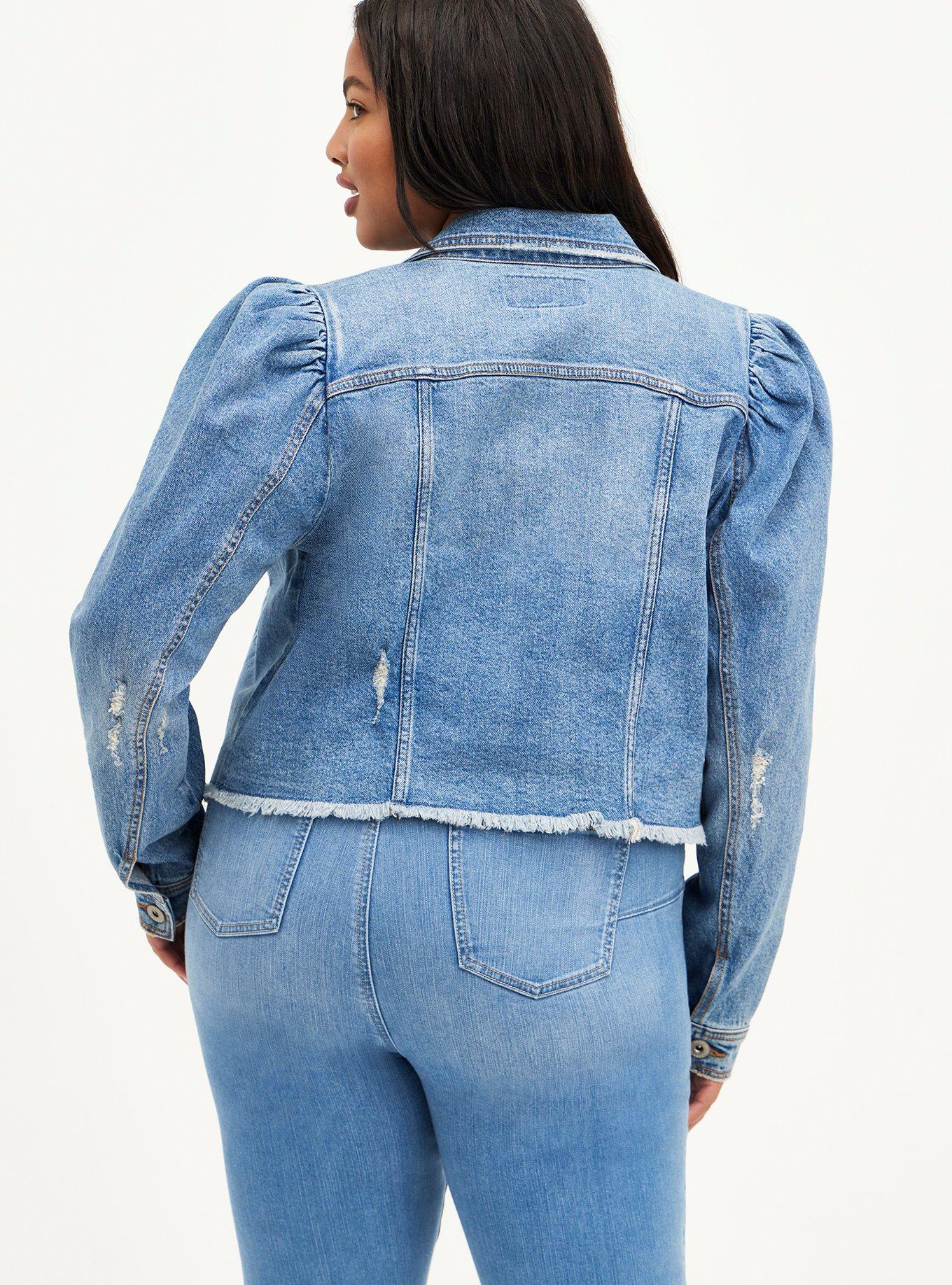 Plus Size Puff Sleeve Trucker Jacket - Stretch Denim Medium Wash, MEDIUM WASH, alternate