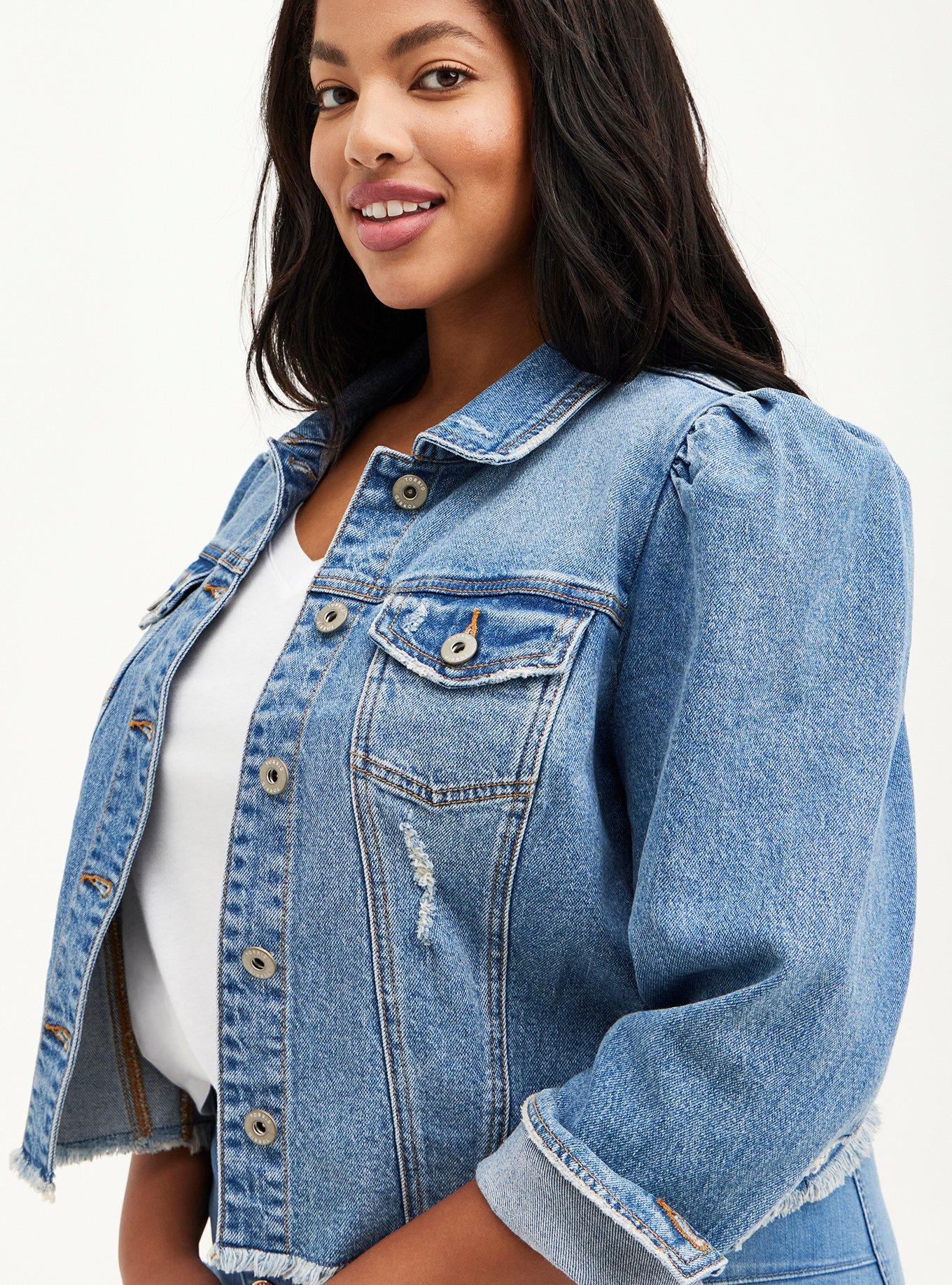 Plus Size Puff Sleeve Trucker Jacket - Stretch Denim Medium Wash, MEDIUM WASH, alternate