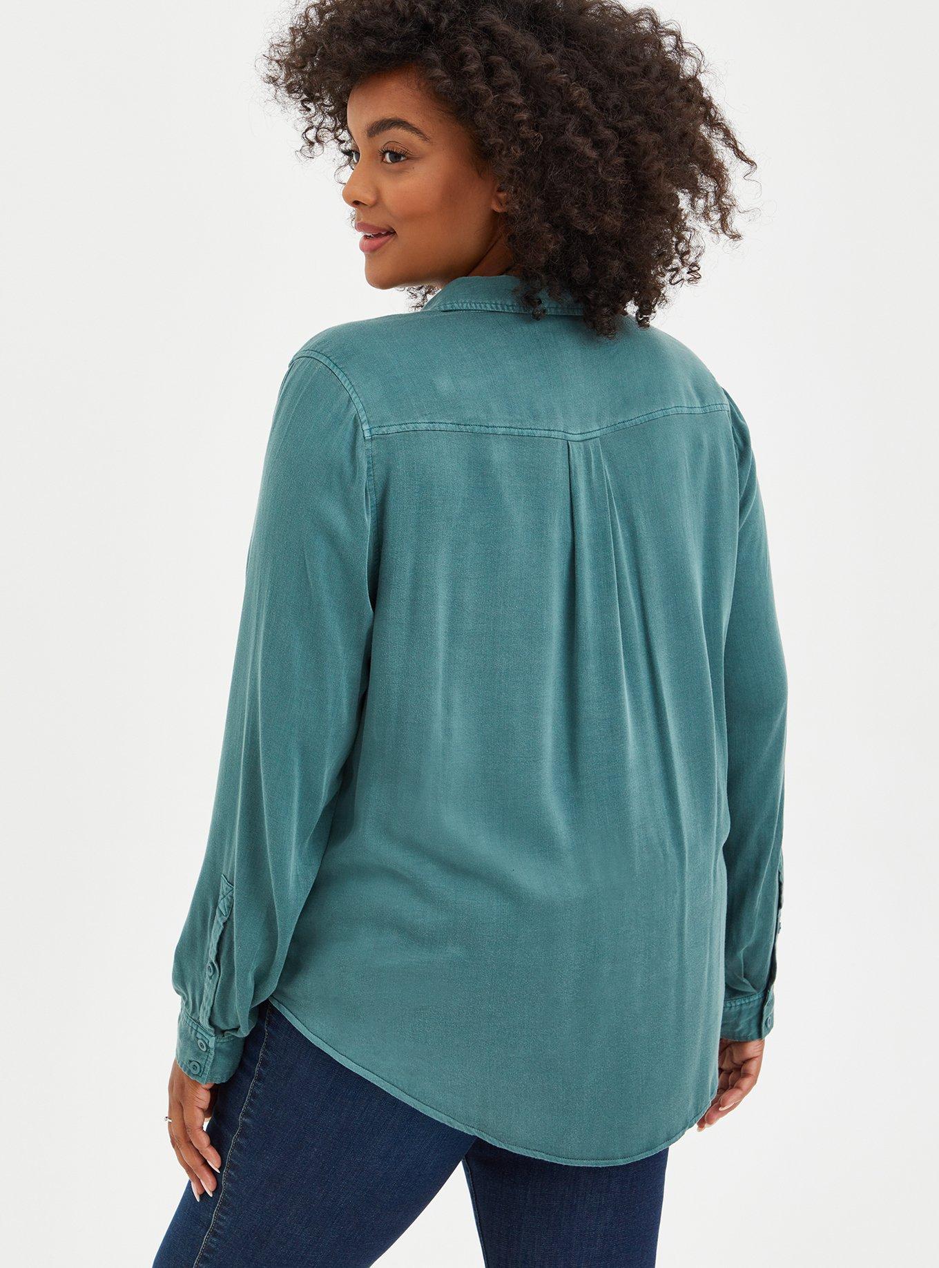 Plus Size Button Down - Soft Stretch Challis Green, SILVER PINE, alternate