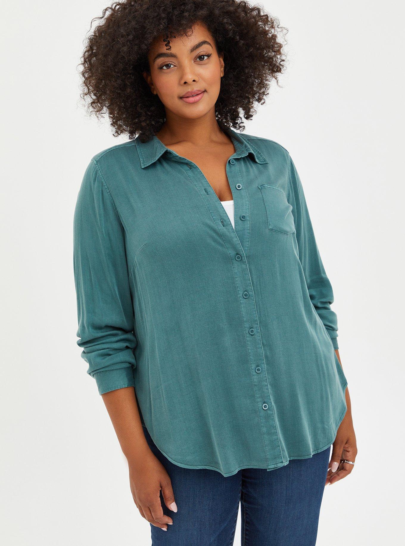 Plus Size Button Down - Soft Stretch Challis Green, SILVER PINE, hi-res