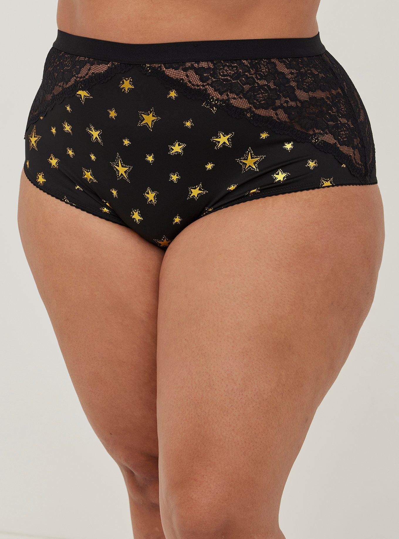 Plus Size Microfiber And Lace High-Rise Cheeky Panty, HALO BLACK STAR, alternate