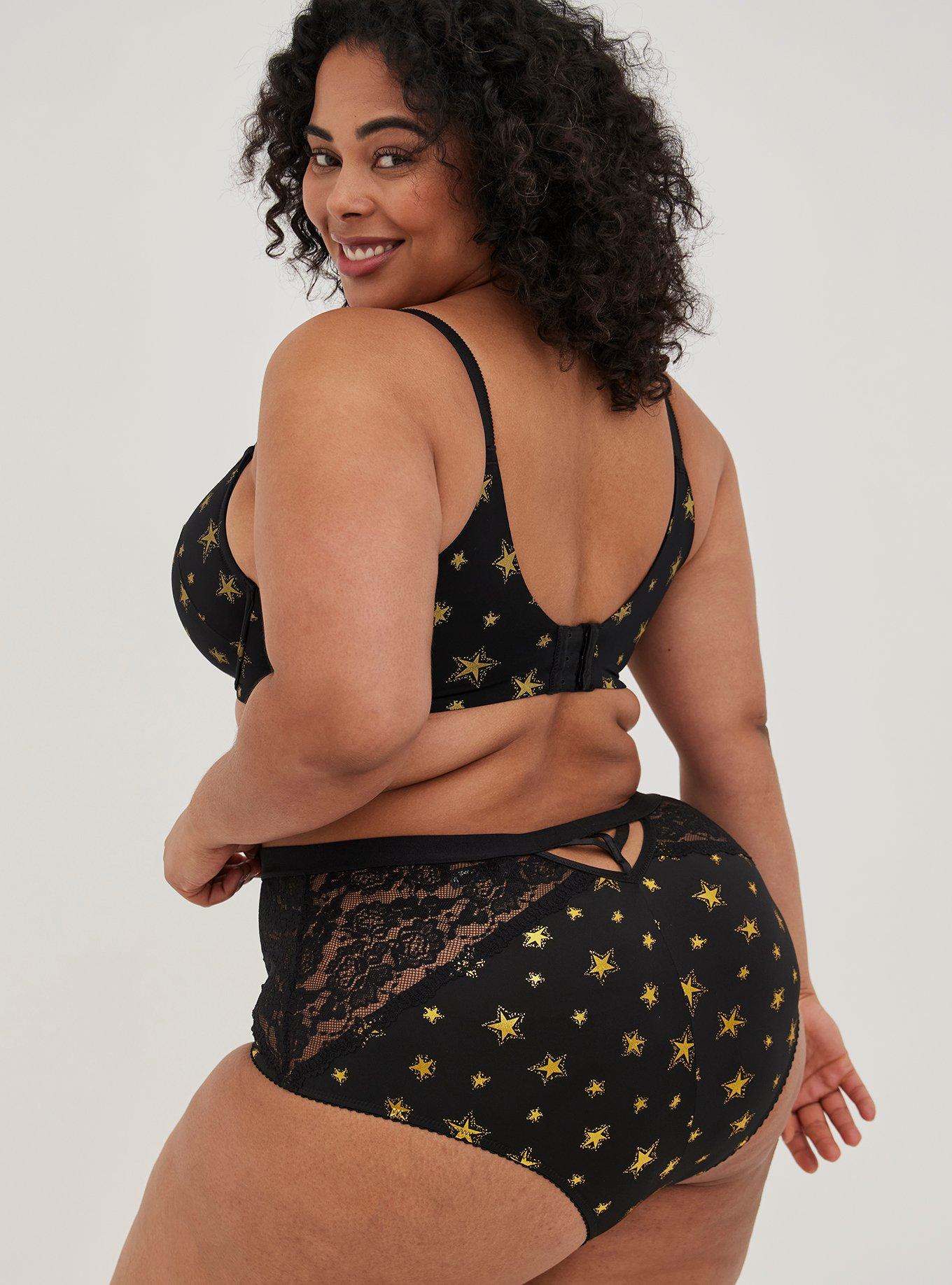 Plus Size Microfiber And Lace High-Rise Cheeky Panty, HALO BLACK STAR, alternate