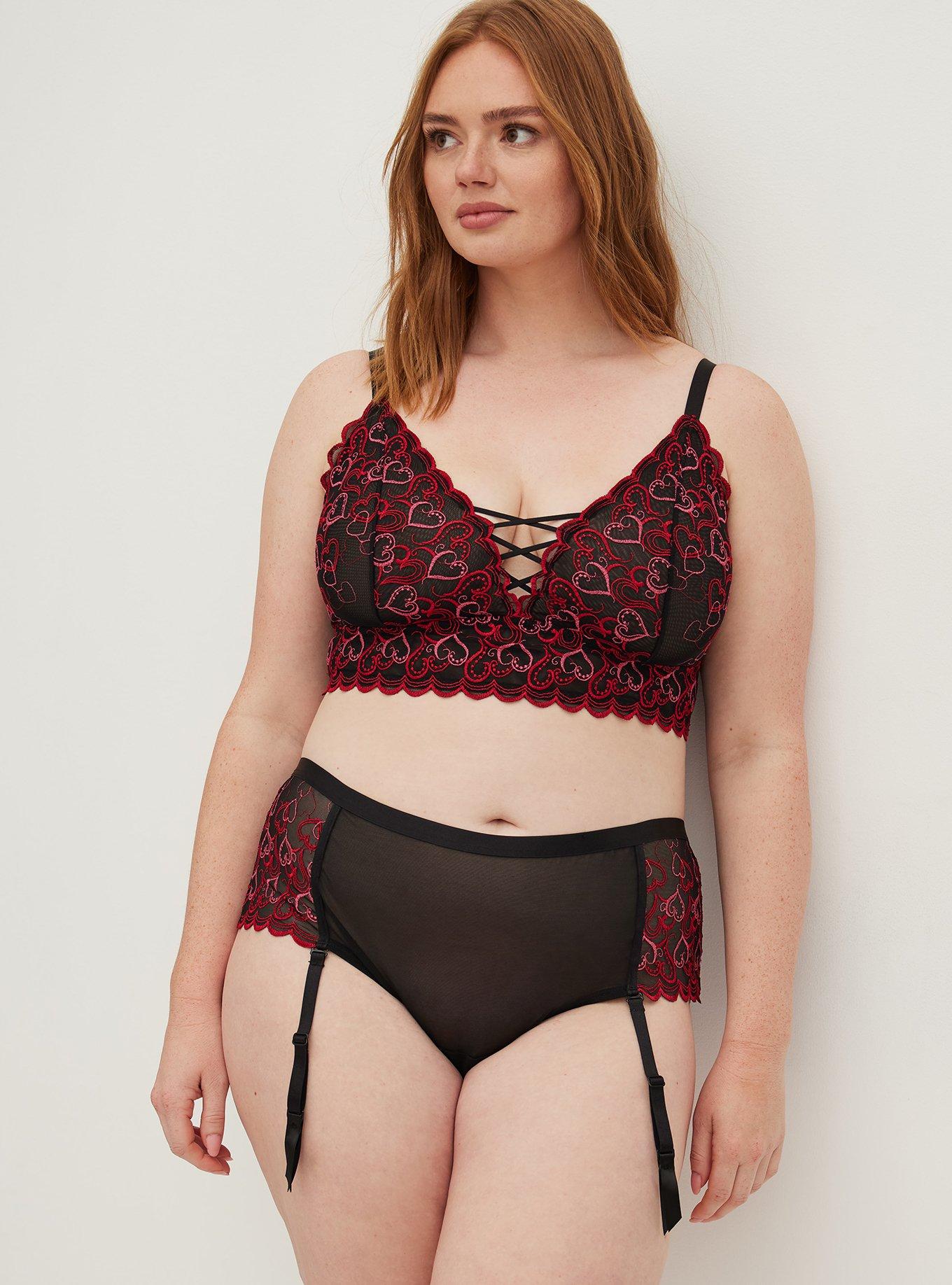 Plus Size Cheeky Garter Panty - Embroidered Hearts Black, , hi-res