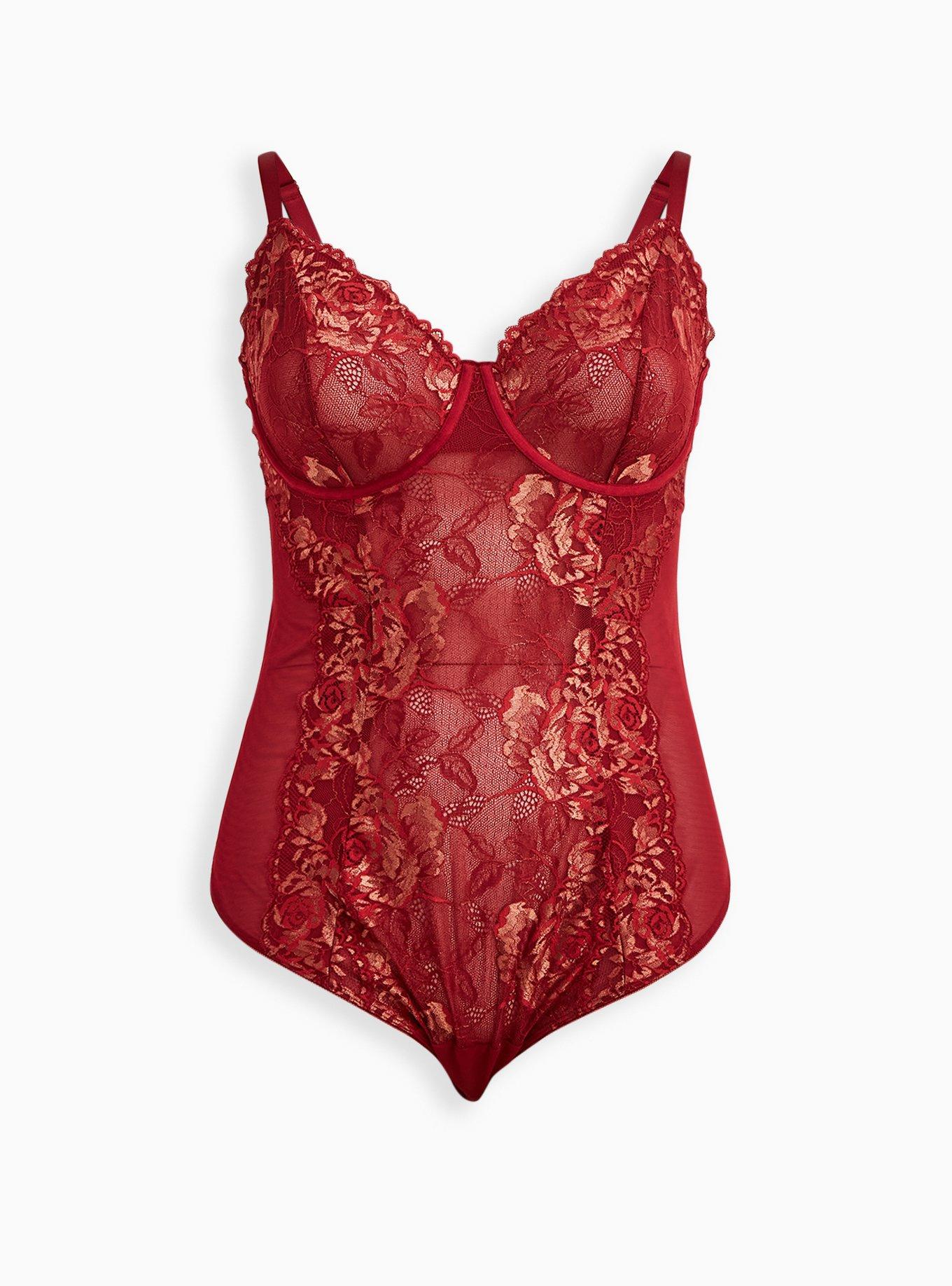 Plus Size - Underwire Thong Bodysuit - Lace Red & Gold - Torrid