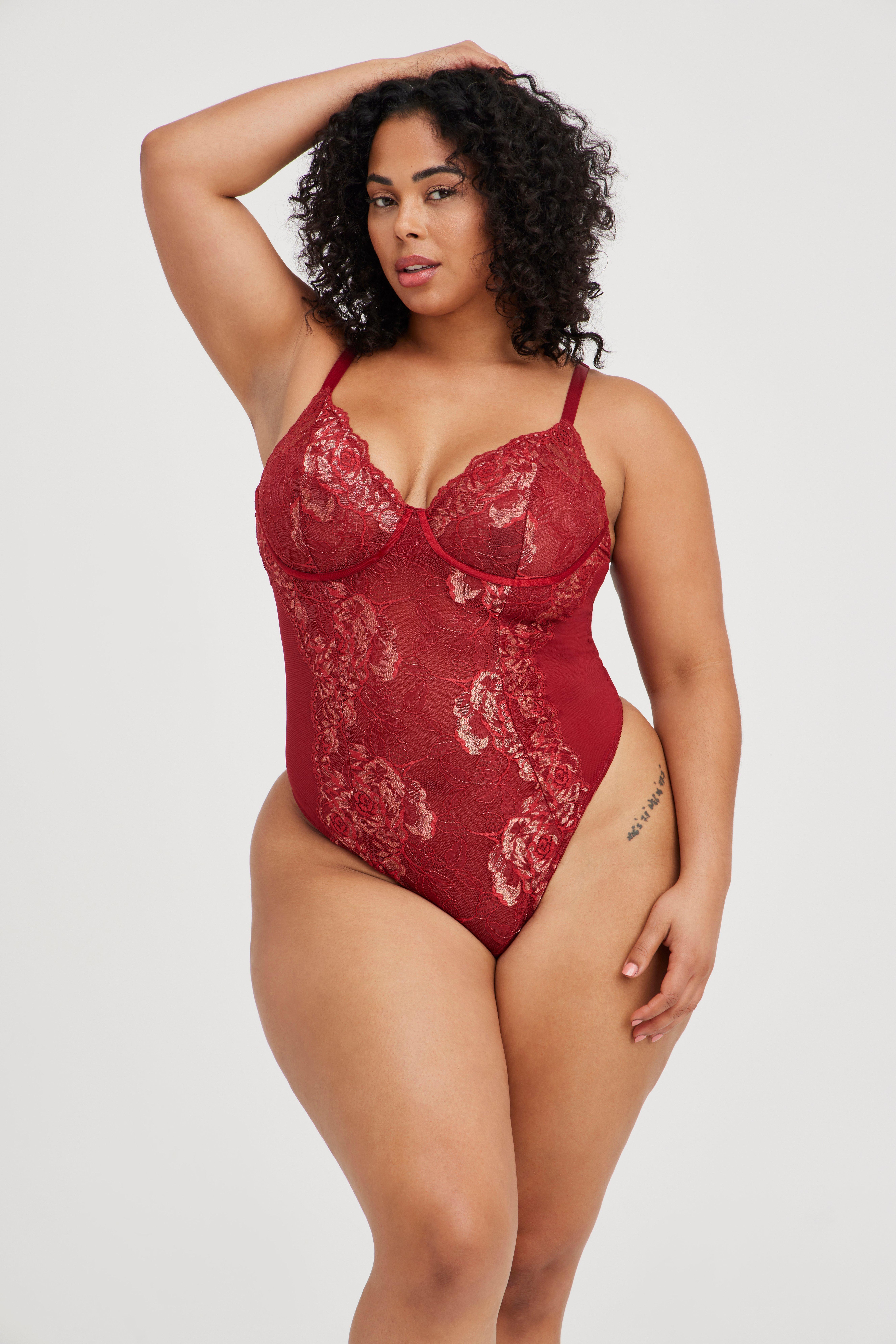 Plus Size - Underwire Thong Bodysuit - Lace Red & Gold - Torrid