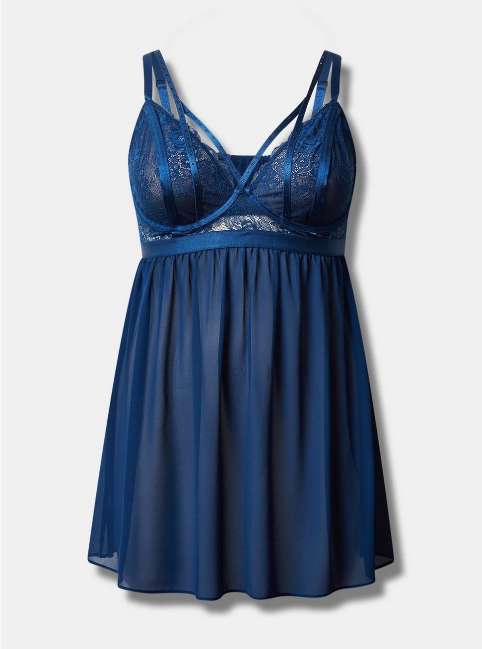 Plus Size Strappy Studded Lace Babydoll, ESTATE BLUE, hi-res