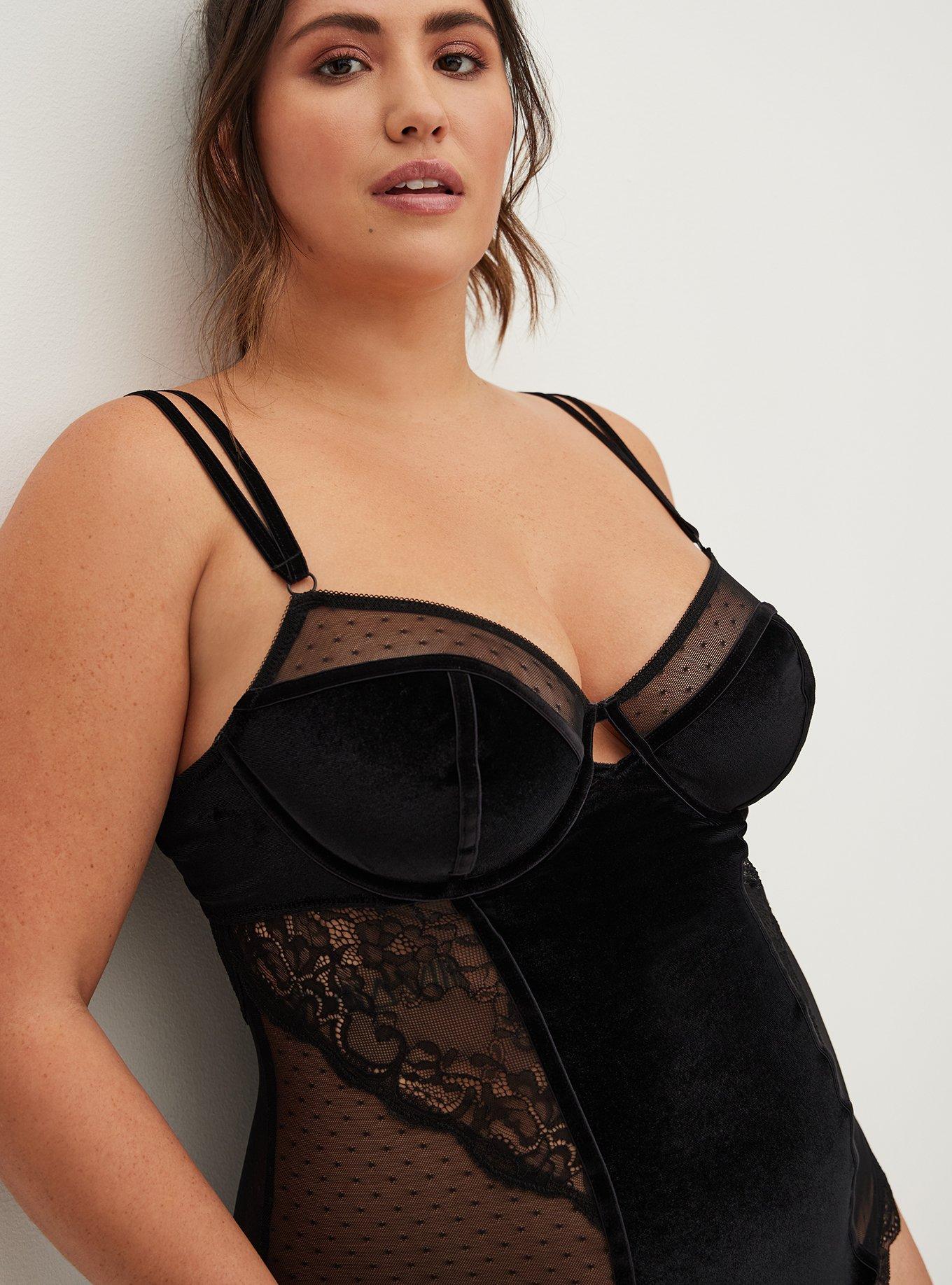Velour And Lace Bodysuit, RICH BLACK, hi-res