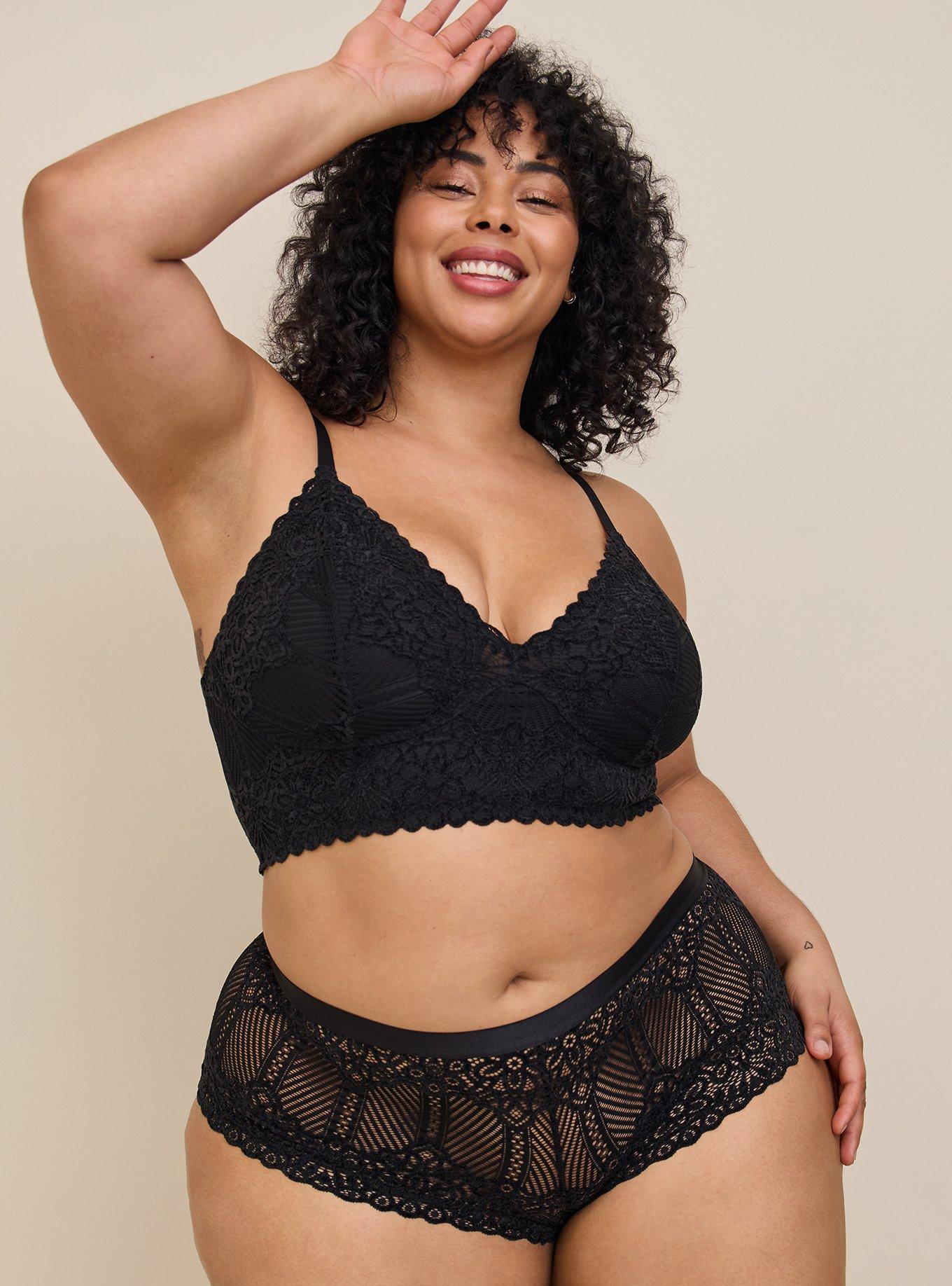 Plus Size Lightly Lined Chenille Lace Plunge Bralette, RICH BLACK, alternate